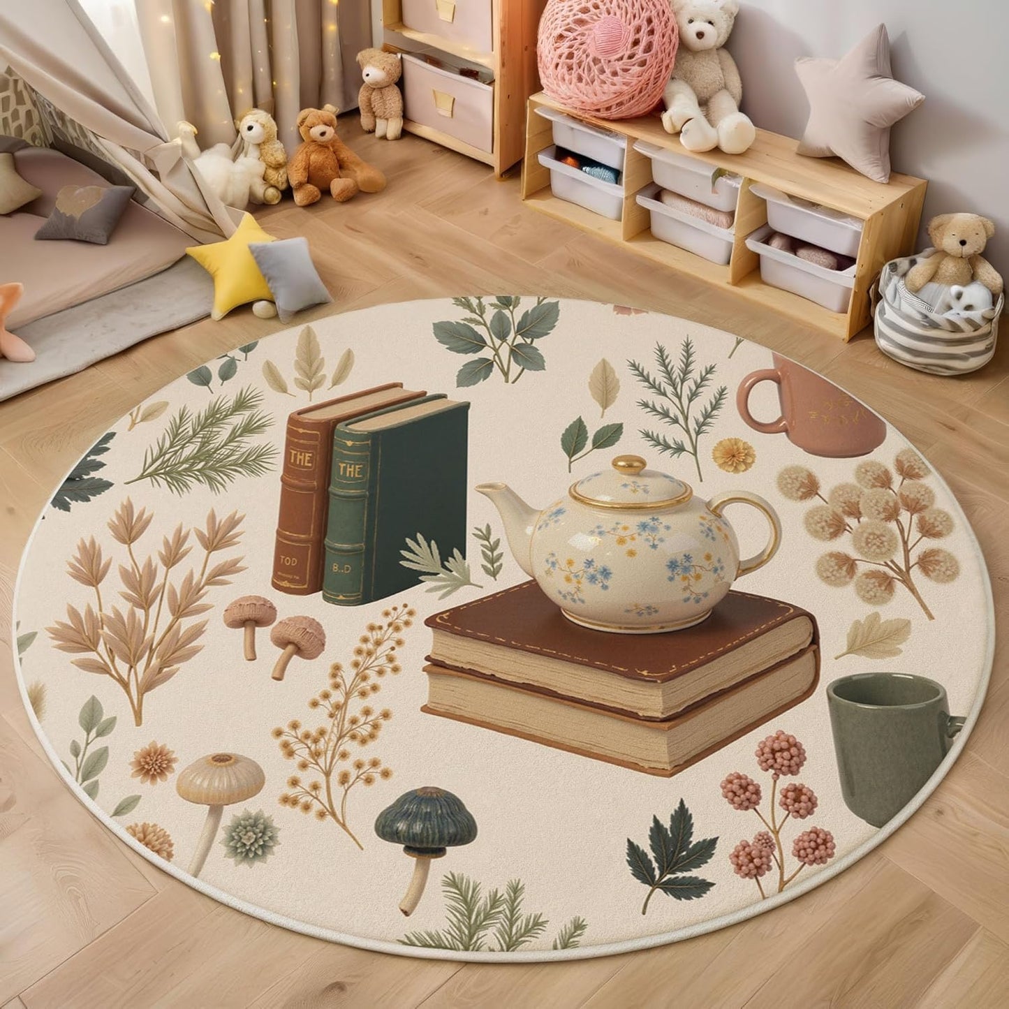Modern Round Area Rug for Living Room, 5.25Ft Washable Round Rug Cream Color Vintage Teapot Books Circle Rugs for Dining Room Table, Country-Style Illustration Small Circular Floor Carpet for Bedroom