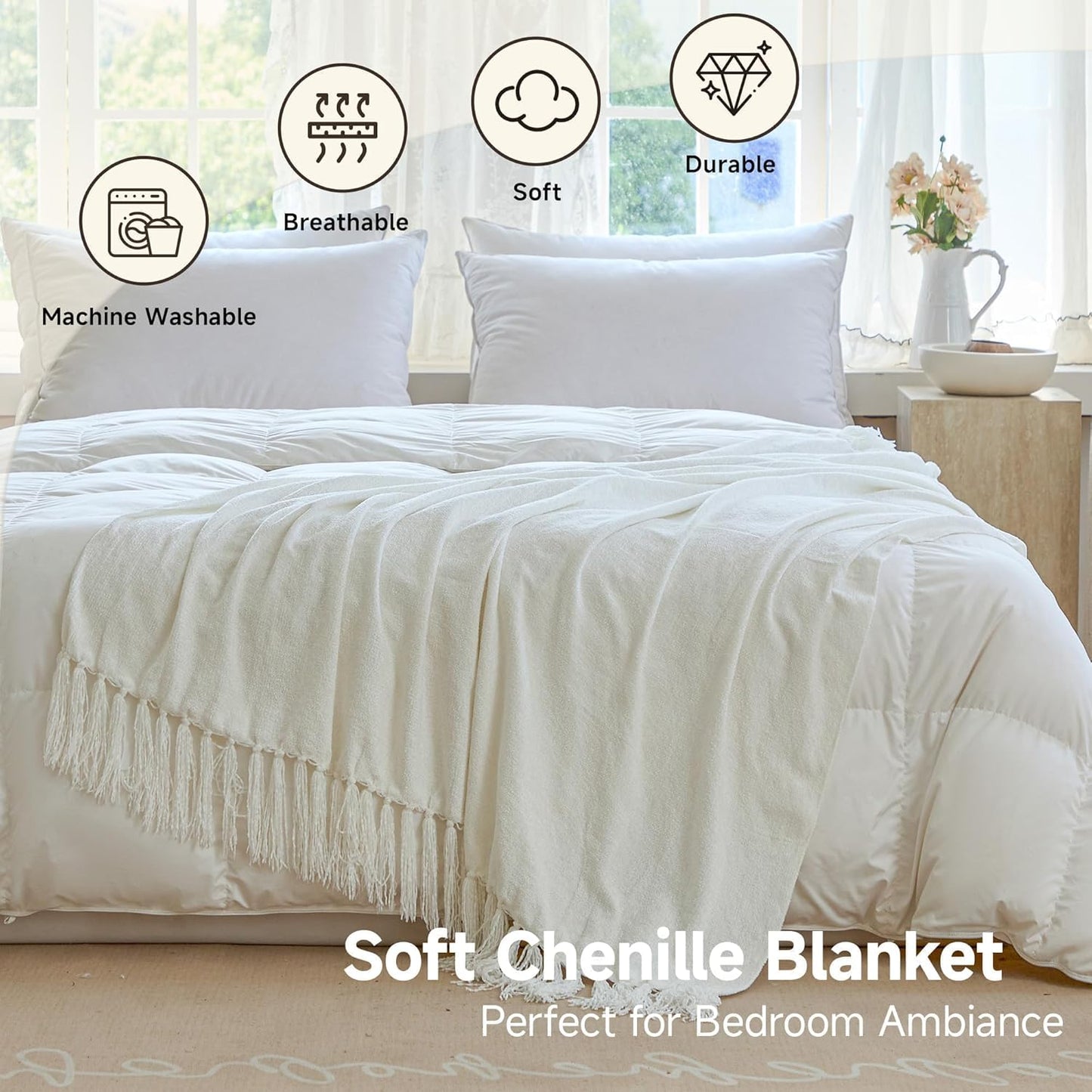 Simple&Opulence Soft Chenille Throw Blanket 50'' x 60'' - Cozy Fluffy Blanket with Fringe Tassel, Farmhouse Boho Blankets for Couch Bed Office Chair Gift Home Decor All Season Use, Cream
