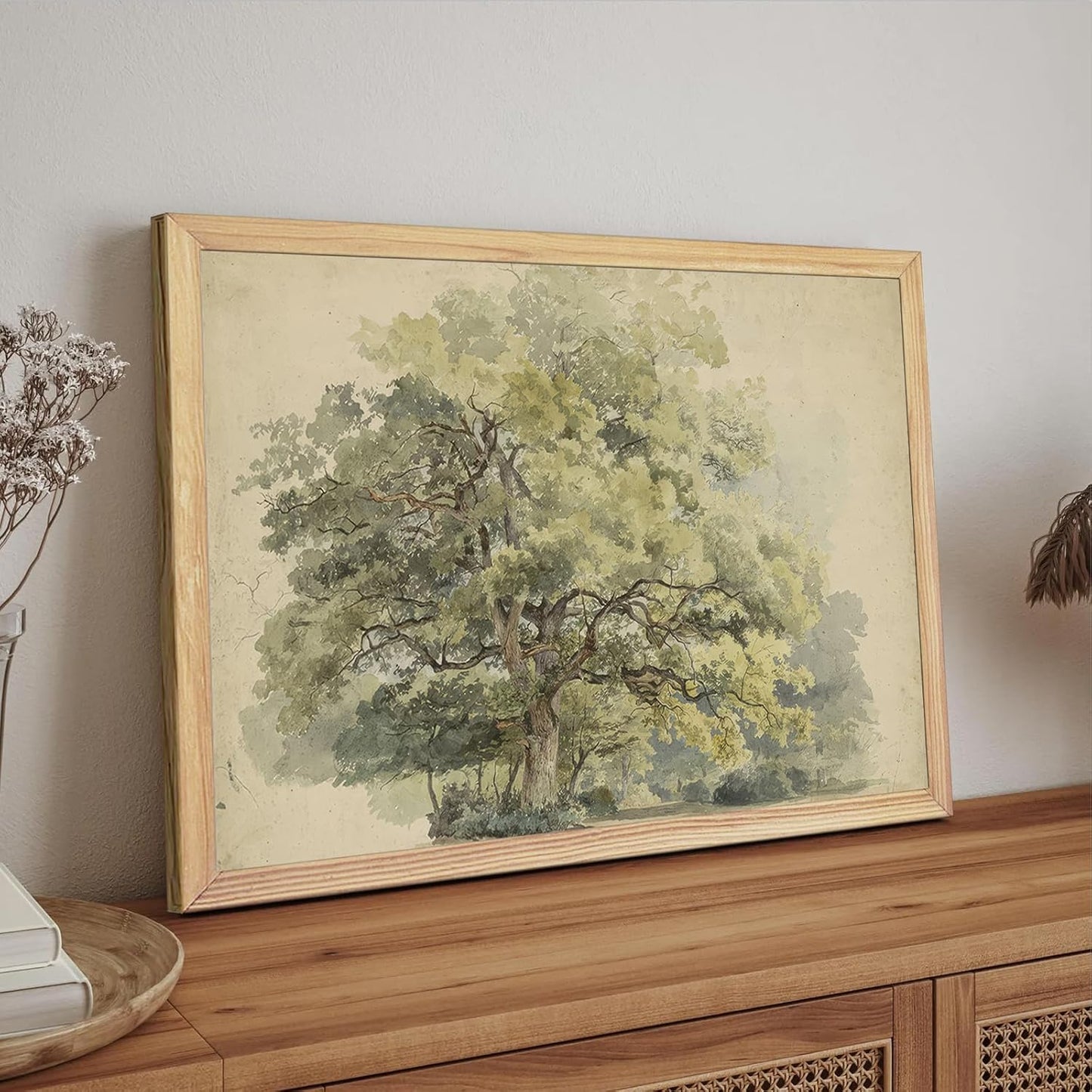 Watercolor Oak Tree Wall Art 16x24Inchs - Green Nature Landscape Painting Print with Light Wood Frame, Rustic Farmhouse Home Decor for Living Room Bedroom Office, Framed Canvas Picture Poster