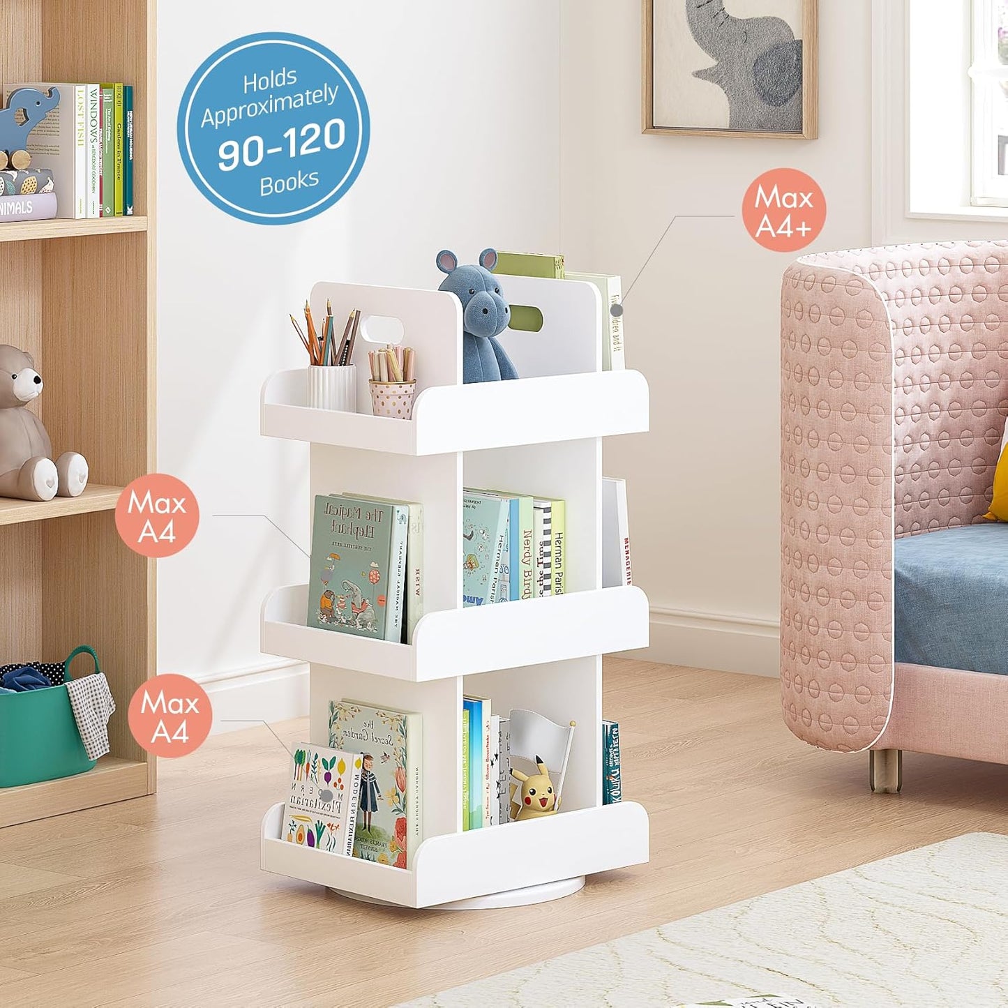 Spirich Kids Rotating Bookshelf Tower, Spinning Bookcase Lazy Susan with Book Display, 3 Tier Revolving 360 Book Shelf Storage, Vertical Rotate Turning Corner Organizer, White