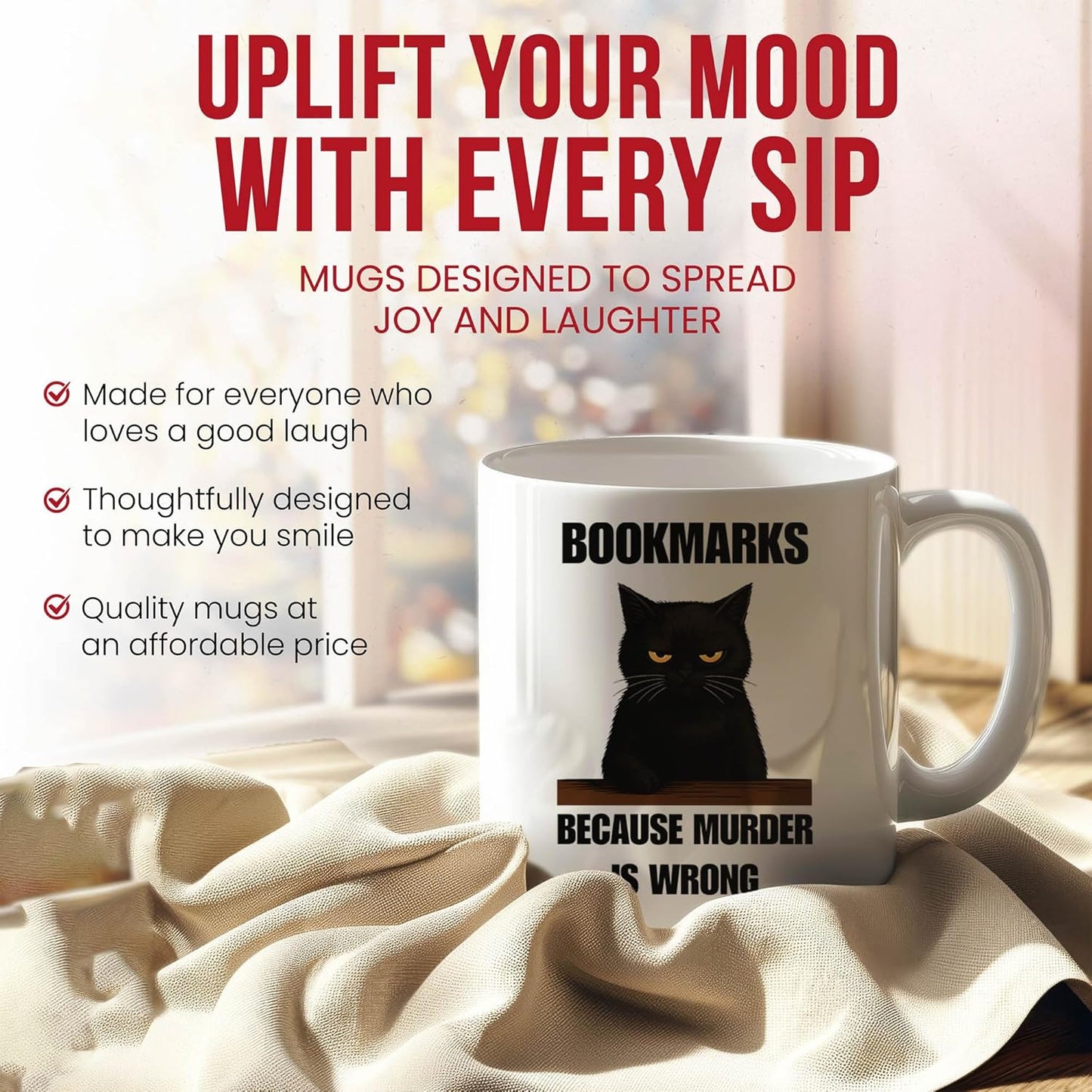 Bookmarks Because Murder Is Wrong Mug - Reading Enthusiast Coffee Cup - Bookworm Funny Gift From - Literature Lover Tea Mugs - Page Turner Cups - 11 Oz Ceramic Gifts For Bibliophiles, Birthday, Him