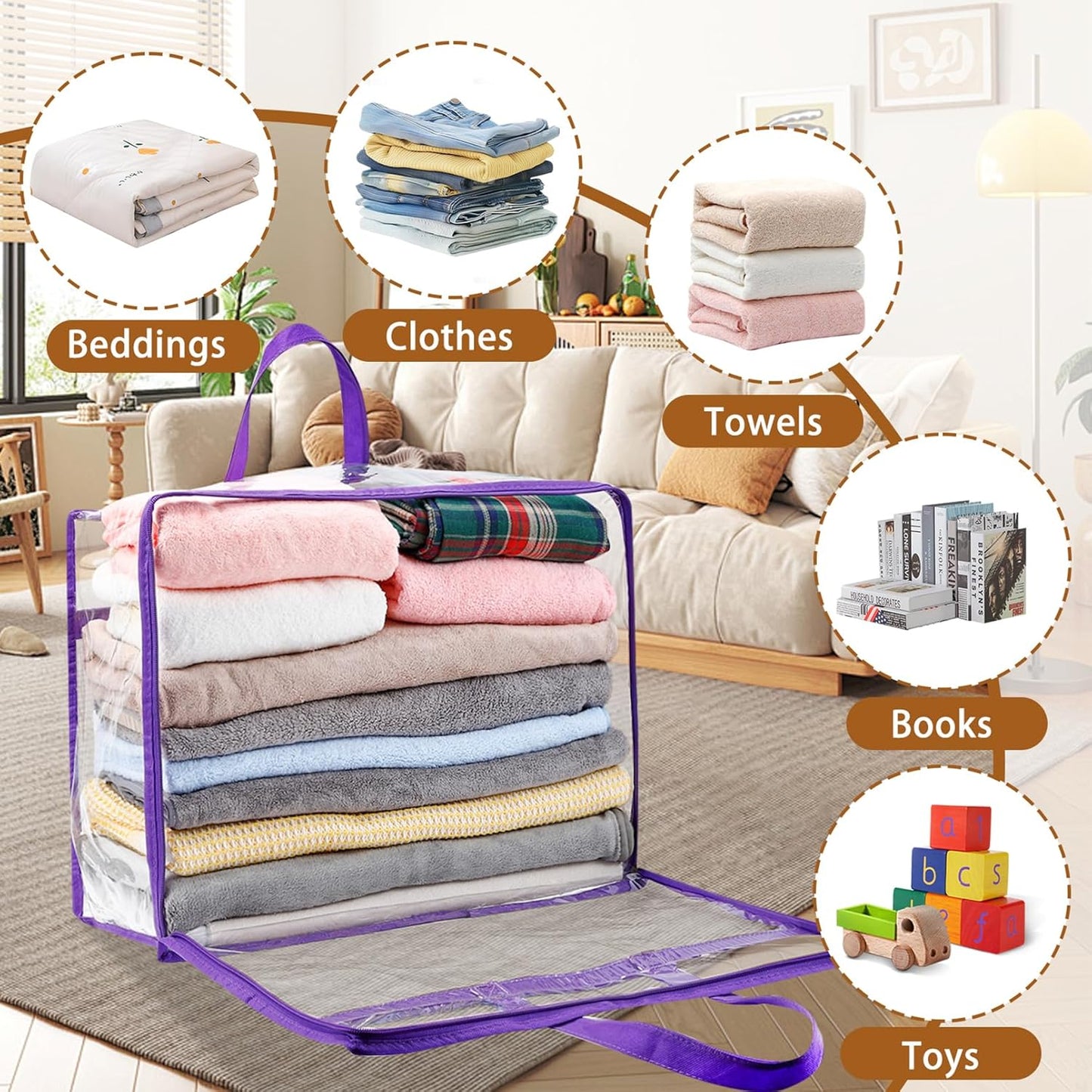 6 Pack Clear Storage Bags, 40L Clothes Storage Bag,Foldable Moving Bags with Zipper and Reinforced Handle,Clear Closet Organizers for Clothes,Comforter, Blanket, Bedding