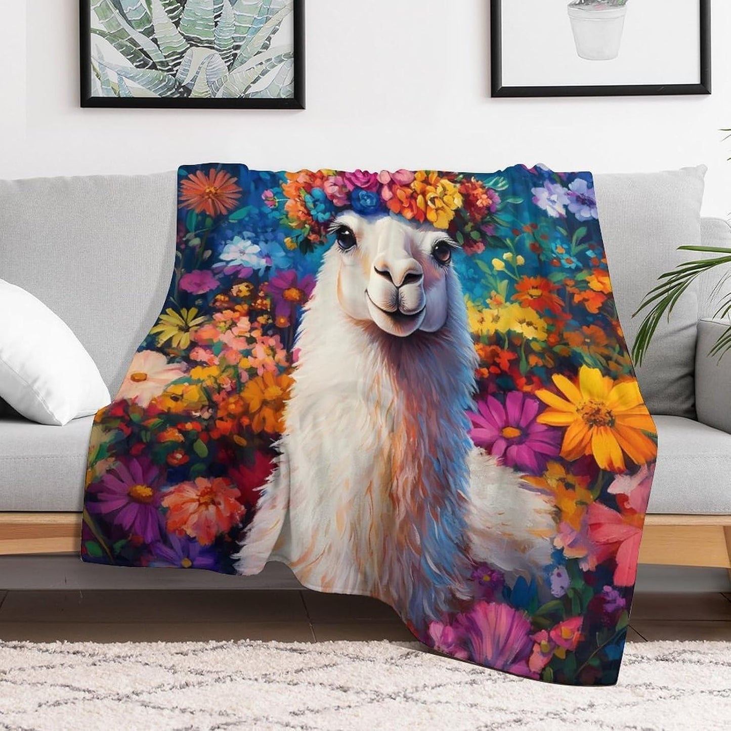 Llama Flower Throw Blanket for Couch Bed Plush Cozy Fuzzy Flannel Blanket for All Season 50"x60"