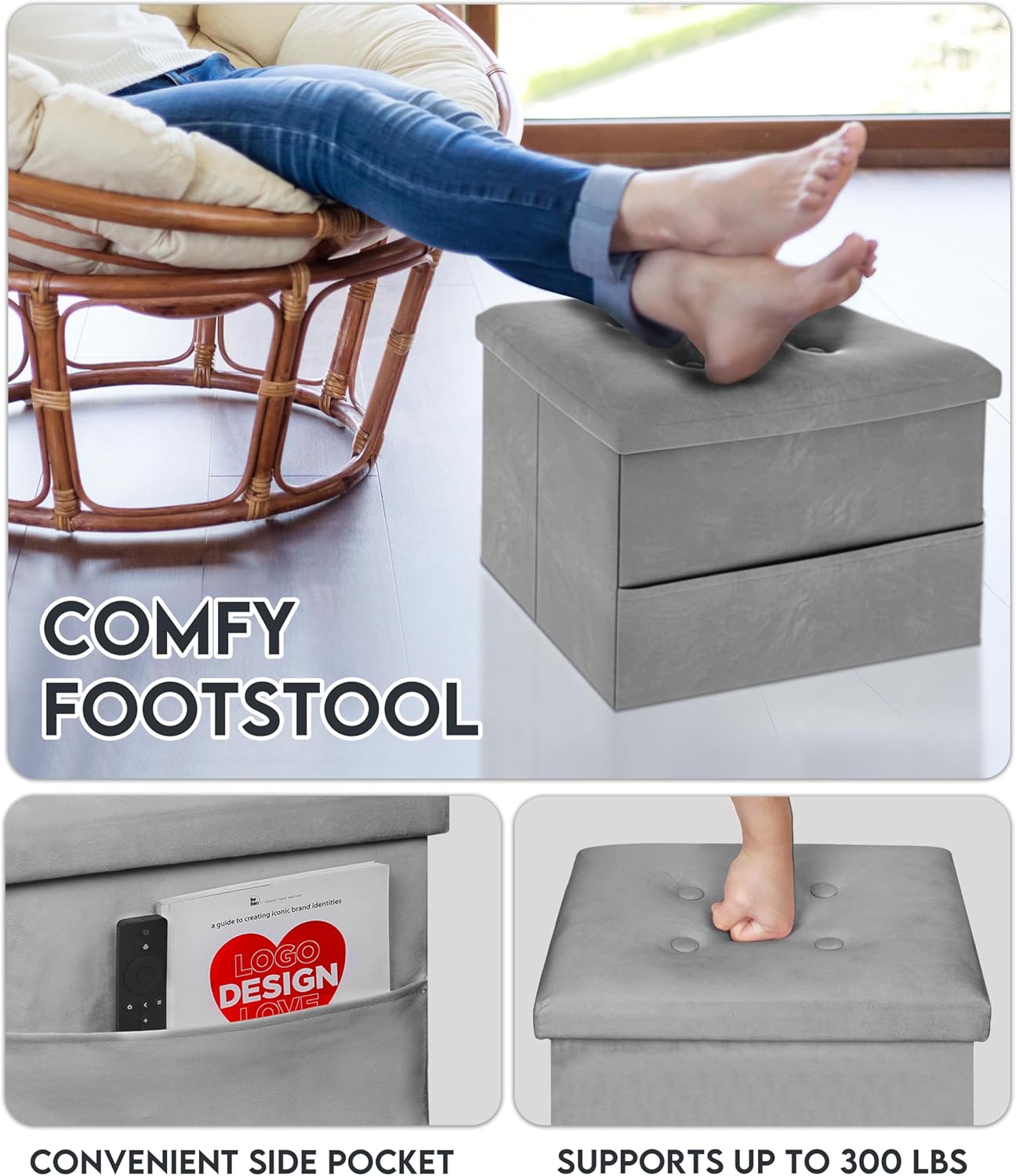 Small Storage Ottoman Foot Rest, Velvet Ottoman with Storage and Side Pocket, Pink Foot Rest for Couch, Foldable Footstool Ottoman for Chair,Living Room&Dorm, 16"x12"x12" Grey