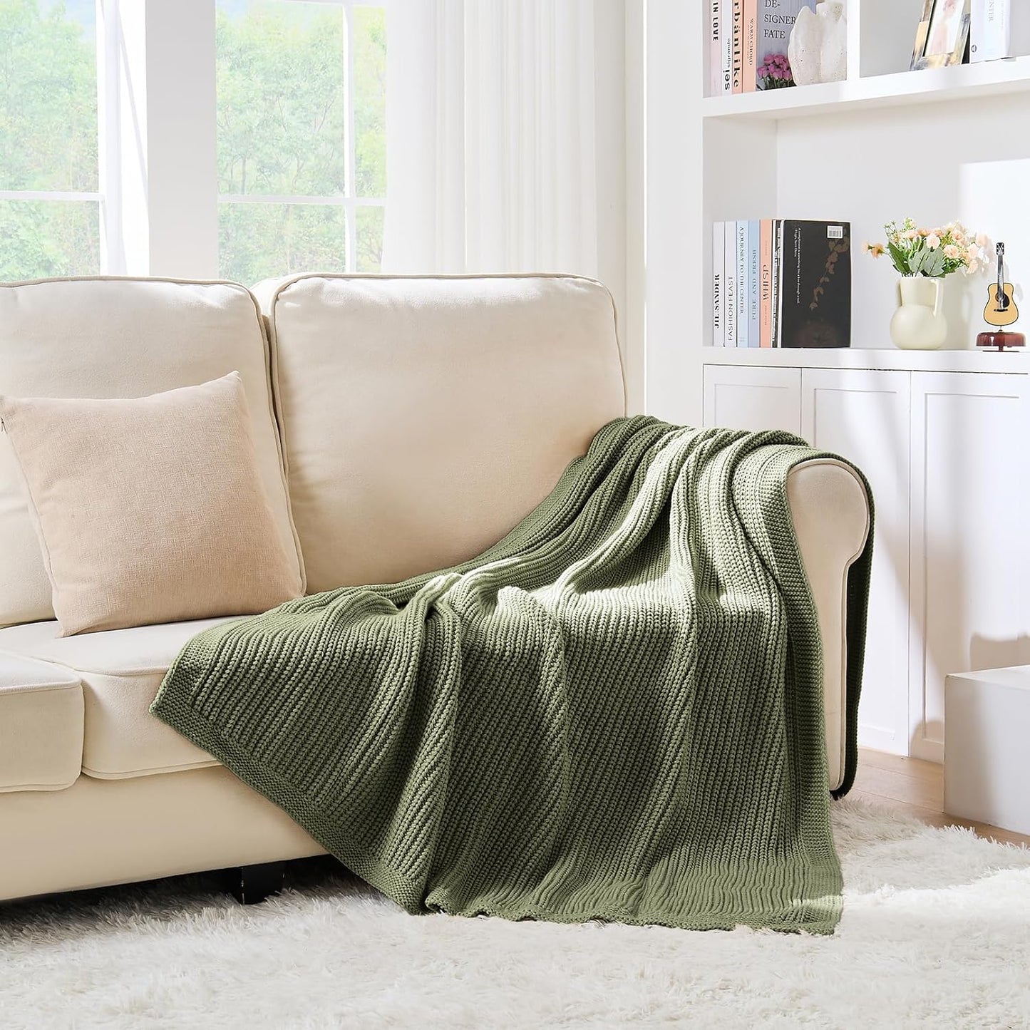 Chunky Knit Olive Green Throw Blanket 60"x80",Soft Cozy Thick Knitted Blanket for Couch Sofa Bed, Cute Decorative Throw for Living Room