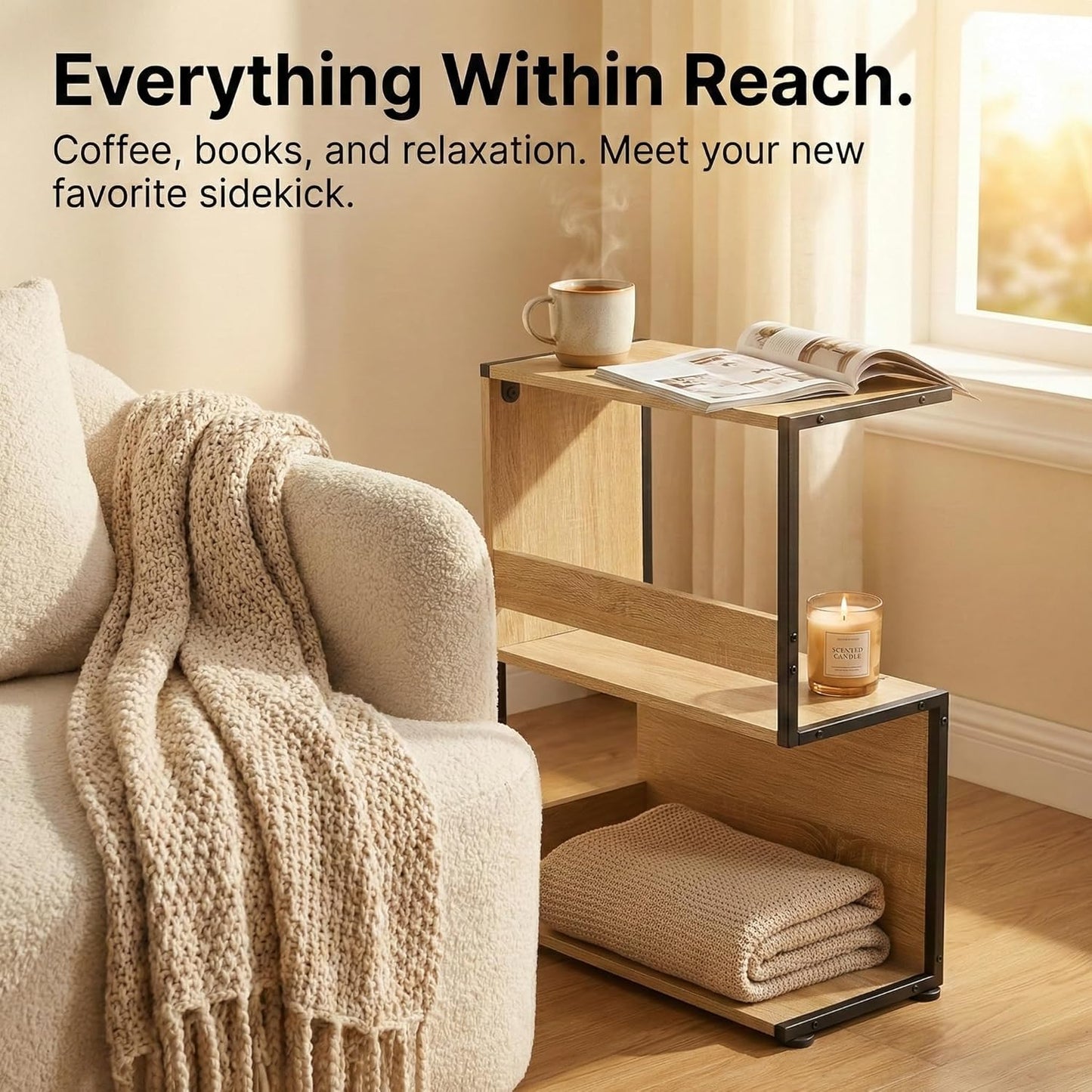 Bookshelf, Small End Table, S Shape Bookcase W/ 2-Layer Storage Shelves, Sofa Side Table for Small Spaces, Nightstand for Bedroom, Living Room, Stable Frame, Oak