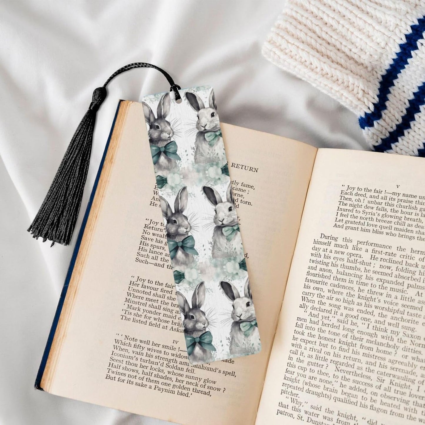 Rabbit with Bow Tie Bookmarks Gifts for Women Men, Wooden Bookmarks for Book Lovers, Vintage Book Marks Ornaments with Tassel, Unique Personalized Reading Page Markers Black