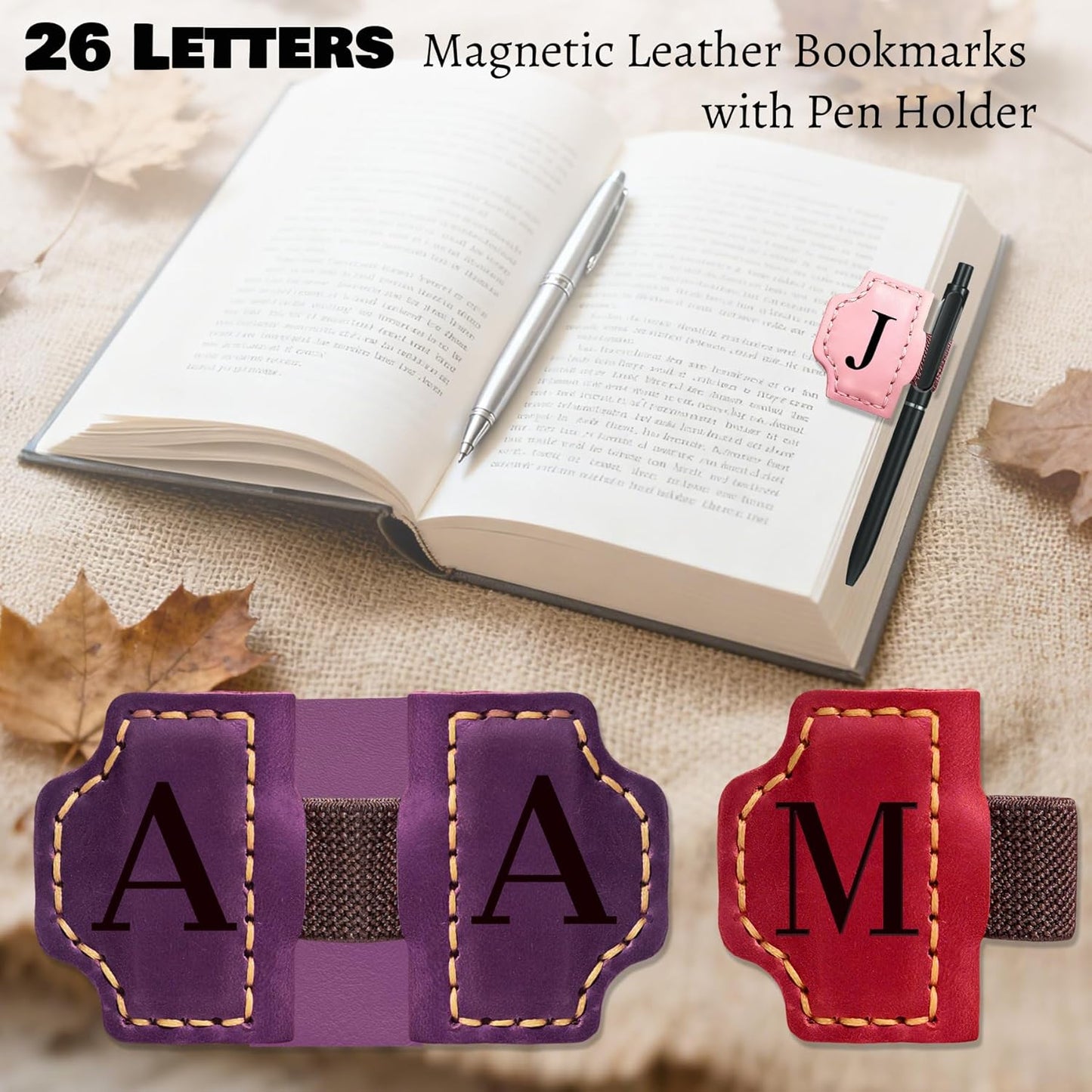 Personlized Magnetic Leather Bookmarks with Pen Holder, Customized Book Marks Clip 26 Letters Bookmark for Reading Women, Men, Cute Initials Book Markers for Book Lovers (Red, A)