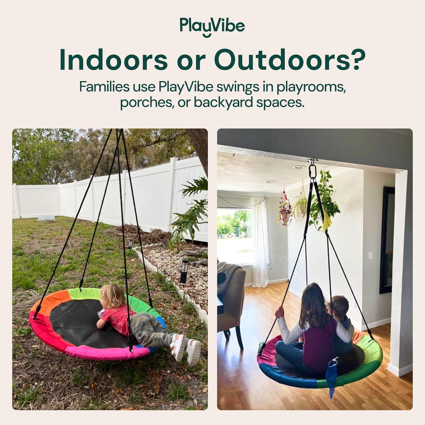 PLAYVIBE 40" Saucer Swing for Kids Outdoor - Gifts for Indoor Playroom & Birthday - Tree Swing Set for Backyard, 440 lb Capacity - Multicolor 600D Oxford Fabric & Adjustable Ropes, Straps & Carabiners