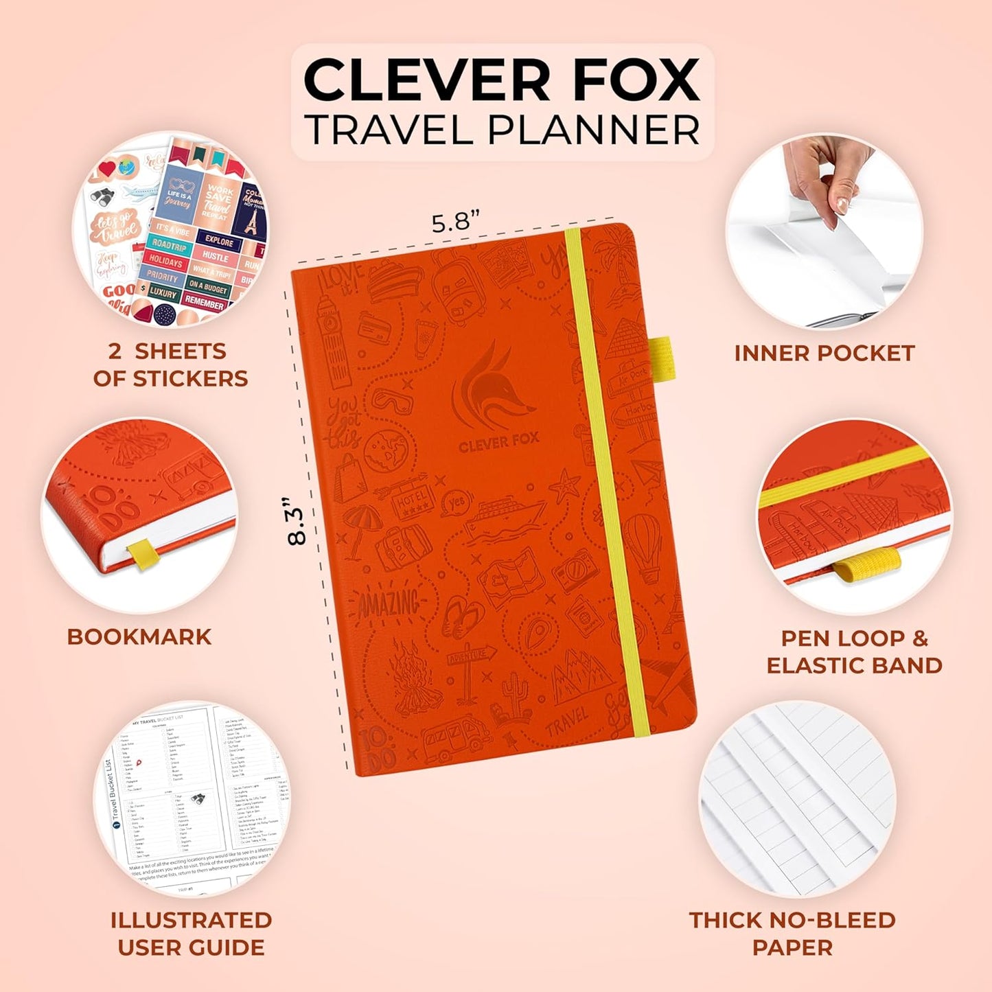 Clever Fox Travel Journal – Vacation & Trip Organizer with Budget Plan, Packing List, Travelling Expense Tracker, A5 (Orange)