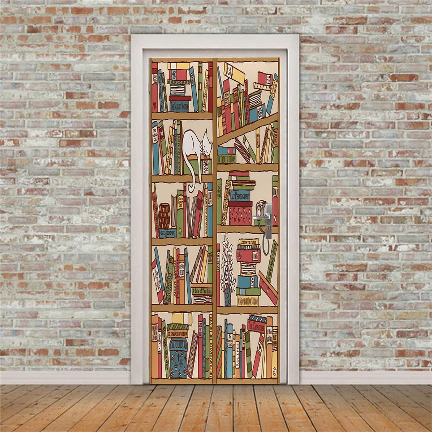 3D Door Stickers for Interior Doors Hand Drawn Bookshelf with Sleeping Cat Vinyl Waterproof Self Adhesive Door Mural Decals for Bedroom Office Bathroom 77 x 200 cm