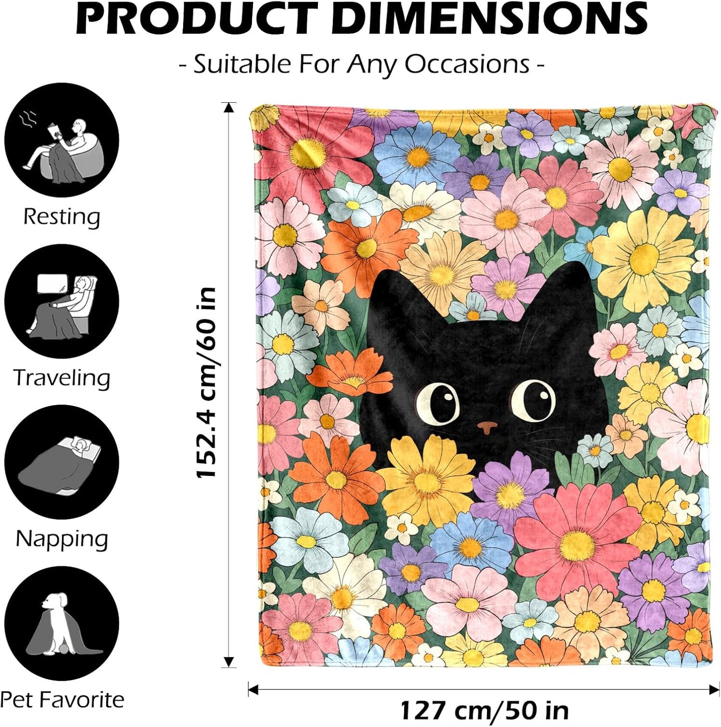 Orange Cat Floral Themed Blanket - 50"x60" Cute Orange Cat Gifts for Cats Lovers Women Mom Teen Girls All Season Super Soft Comfort Flannel Blanket Pet Cats Lovers Valentine Birthday Present