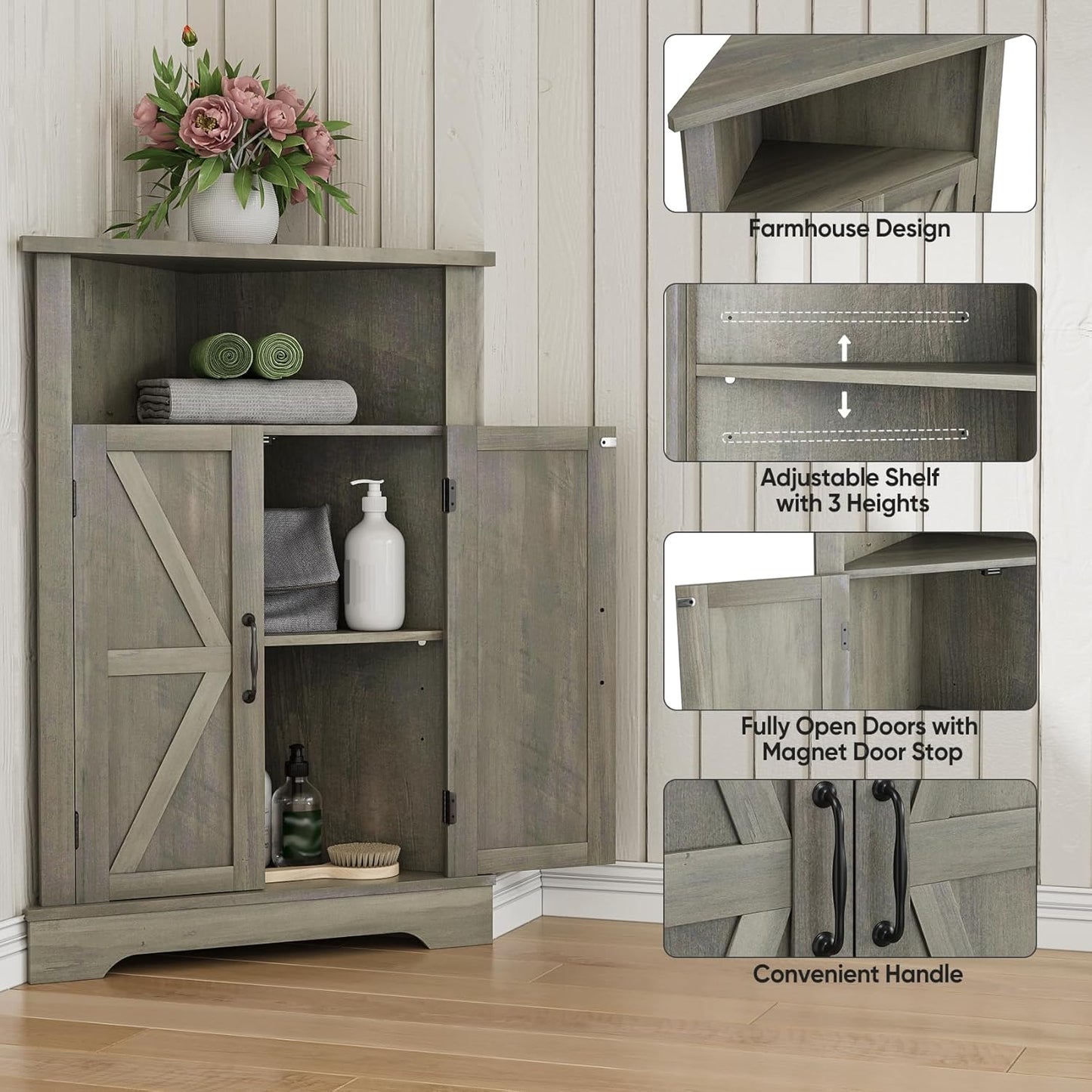 Bathroom Corner Cabinet, Farmhouse Floor Corner Cabinet with Doors and Adjustable Shelves, Freestanding Wooden Storage Hutch Cupboard for Bathroom, Kitchen, Living Room,Grey