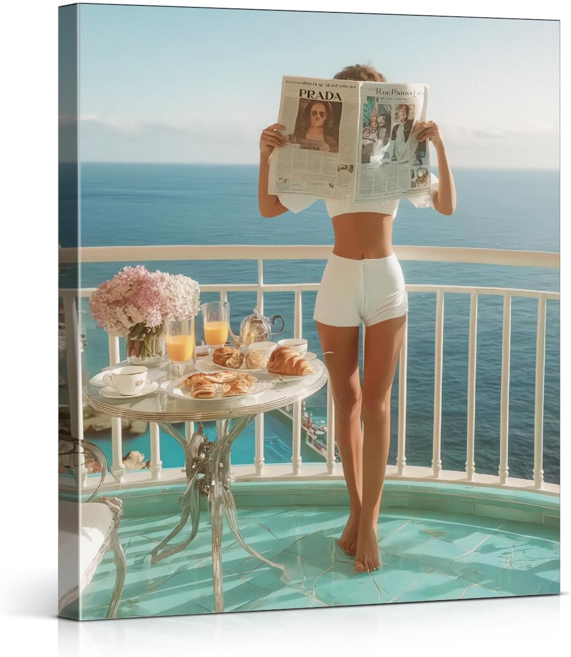 Trendy Woman Cruise Vacation Wall Art Print - Fashion Woman Reading Newspaper Canvas Poster Painting - Girly Wall Decor for Home Apartment Dorm 8x10 Inch Framed