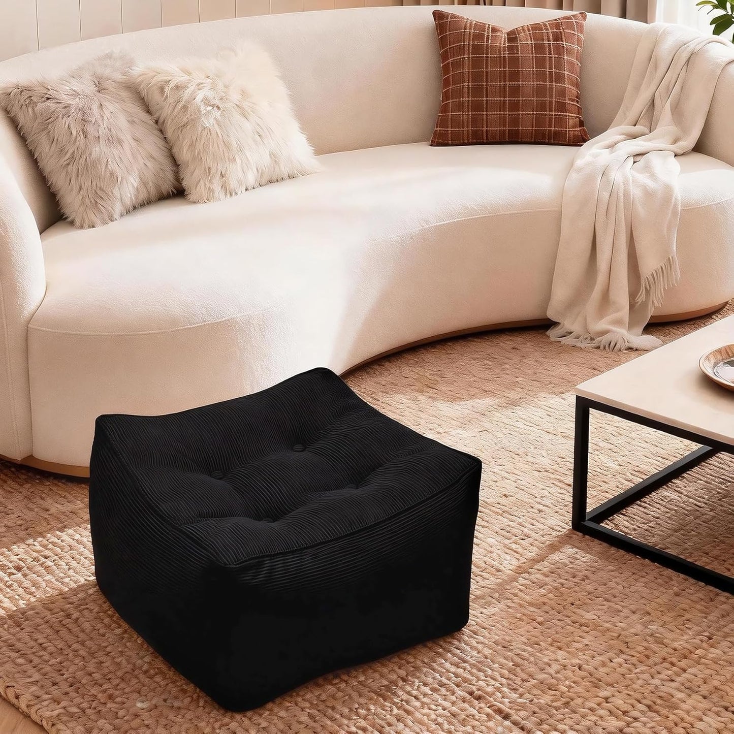 Square Corduroy Pouf Ottoman, Soft Fluffy Foot Stool with Foam Chunk Filling, Floor Pouf & Storage Ottoman for Living Room, 21.7" x 21.7" x 14", Black