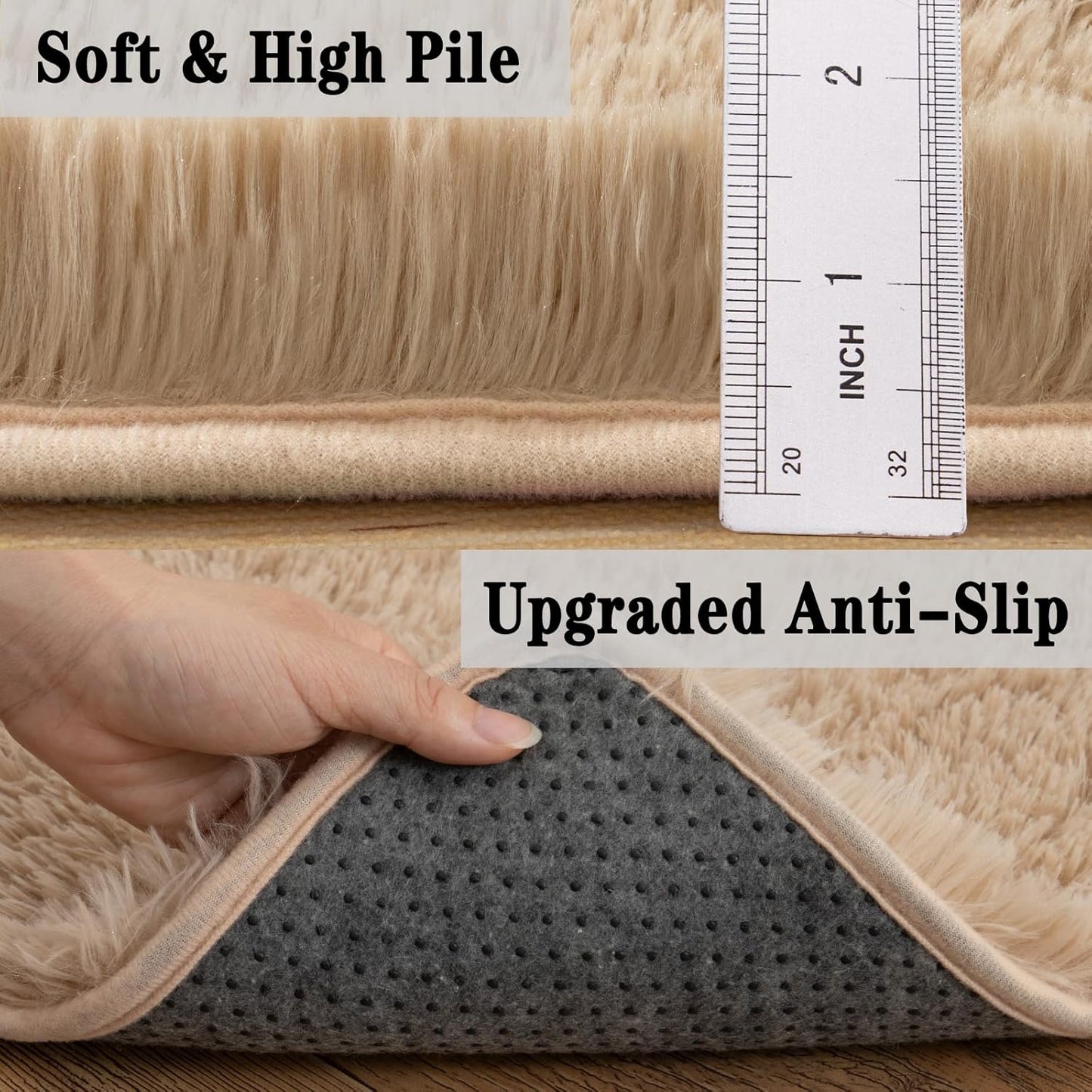 Shaggy Rugs for Bedroom Living Room, Beige Fluffy Fuzzy Shag Area Rug, 4x5.9 Feet Soft Cozy Plush Carpet for Kids Room Dorms Home Decor Aesthetic, Upgrade Non-Slip