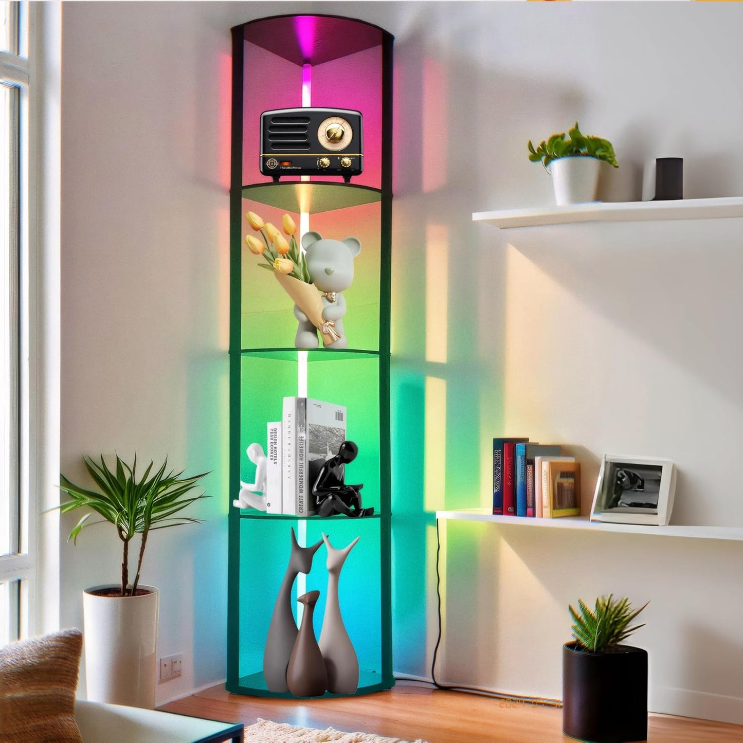 5 Tiers LED Corner Shelf ,65" Stand Floor Lamps for Collectibles , Corner Bookshelf Cabinet Display Shelves with Multiple Color Lights via APP and Remote Control for Living Room Bedroom Home