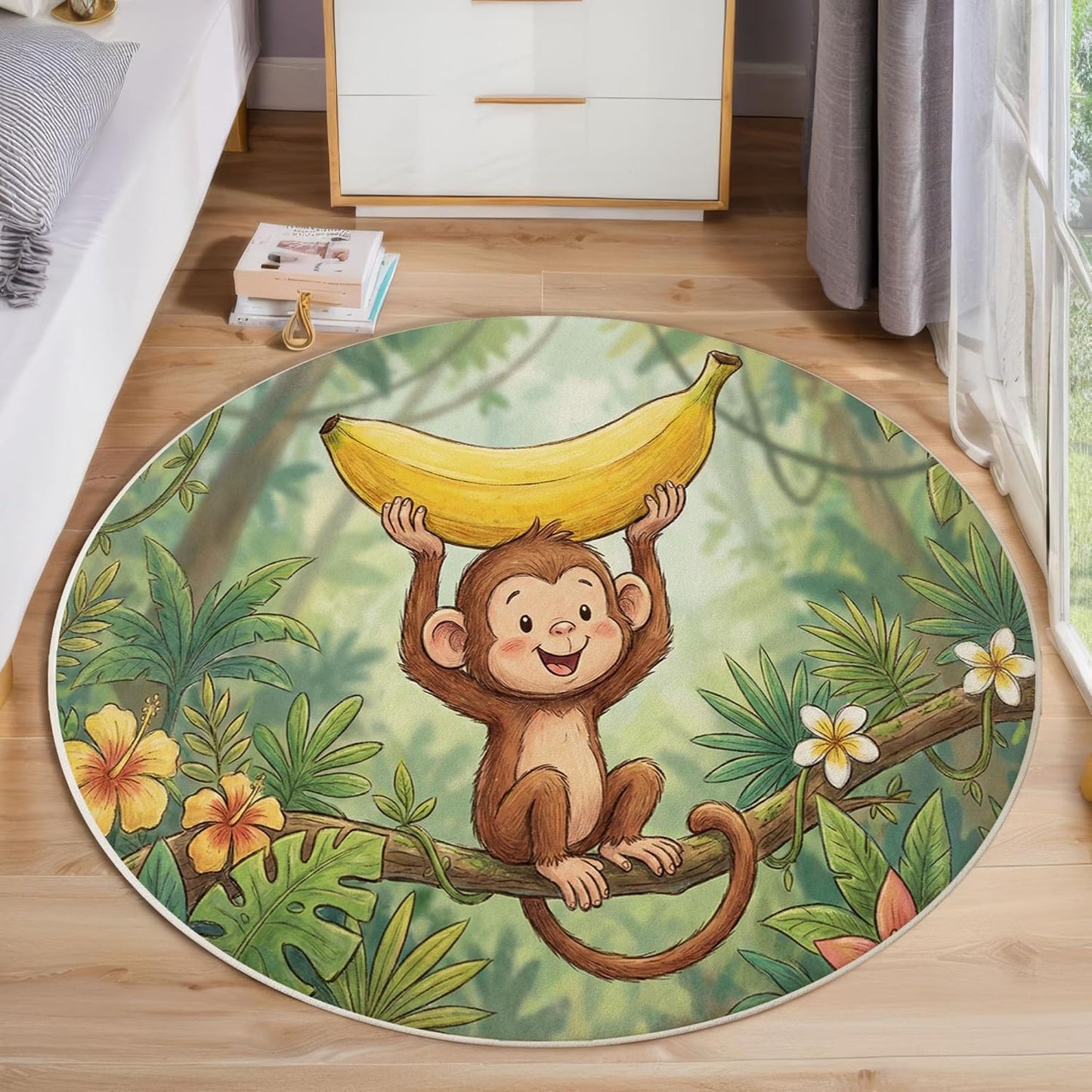 Round Rug for Kids Room, Cute Monkey Banana Round Rugs 3Ft, Tropical Plants Circle Rug, Forest Green Washable Circle Carpet for Living Room Bedroom, Non Slip Low Pile Thin Area Rugs