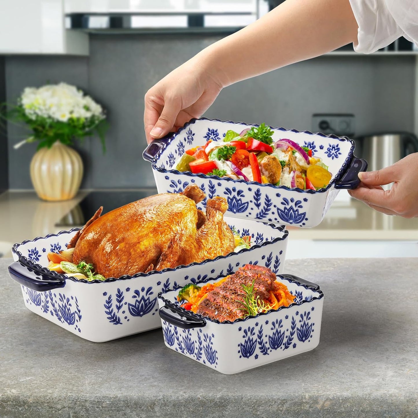 SOUJOY 3 Pack Porcelain Bakeware Set, Rectangular Baking Dishes, Lasagna Pan for Cooking, Kitchen, Casserole Dishes, Cake Dinner, Banquet and Daily Use