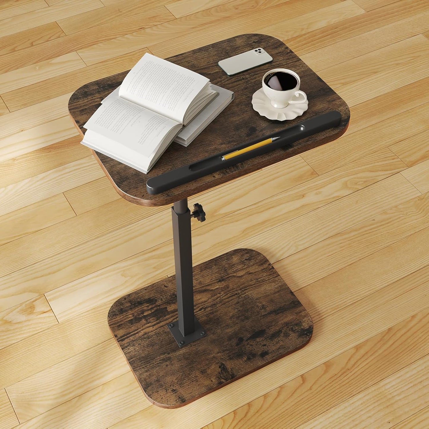 Side Table Sofa Tv Tray Height Adjustable C Shaped End Table 360° Swivel Overbed Living Room Couch Table, Rustic Brown