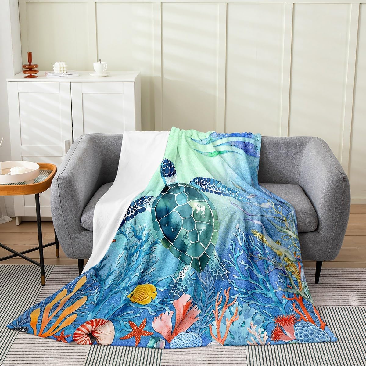 Teal Sea Turtle Fleece Blanket Queen Size, 3D Tortoise Reptile Throw Blanket for Home Couch Bedroom, Sea Animal Fuzzy Blanket, Blue Green Coastal Nature Flannel Blanket Soft Cozy Lightweight Blanket
