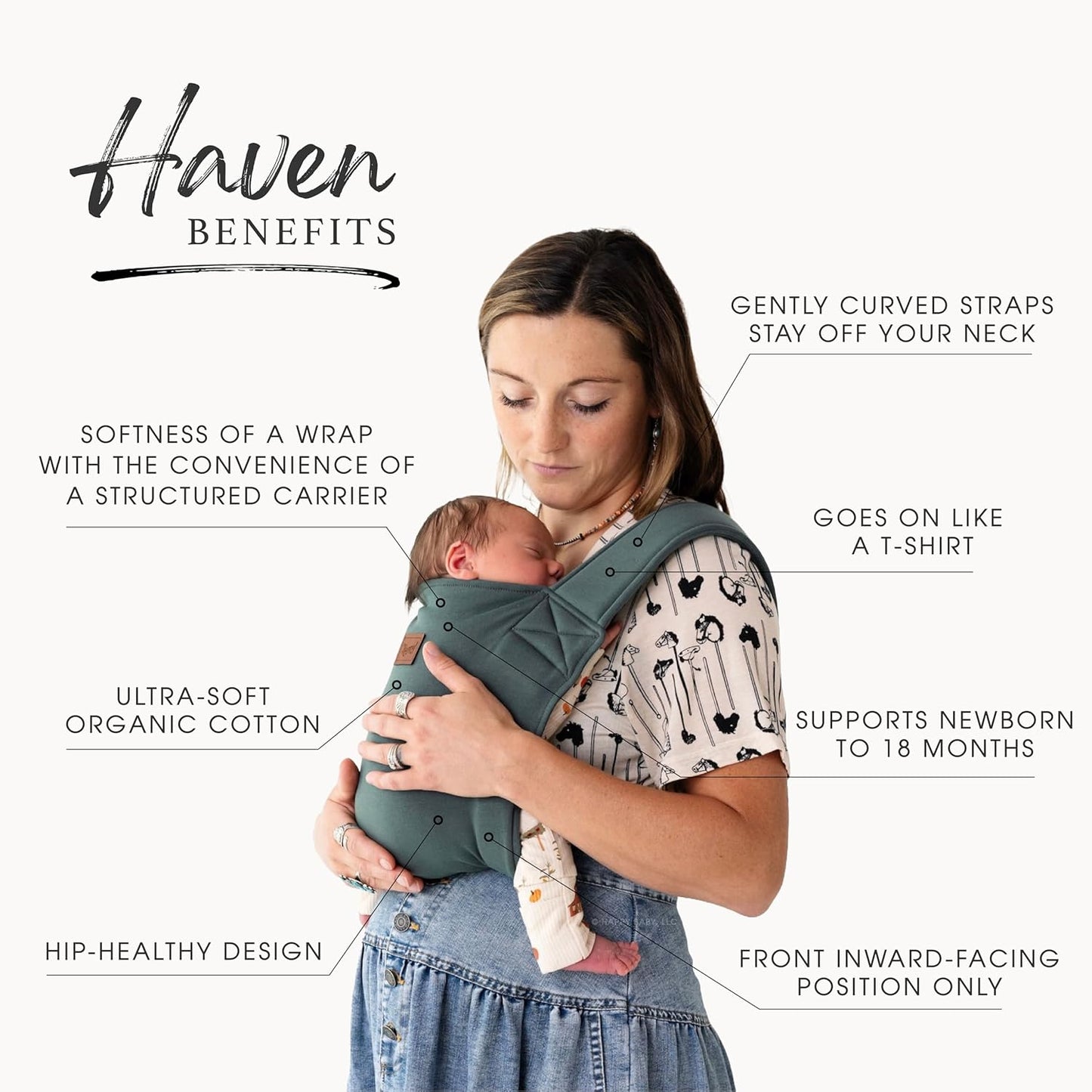 Happy! Haven Baby Carrier – Organic Cotton Blend, 7-35 lbs, Newborn to Toddler – Stretchy Ergonomic Cross-Back Soft Structured Carrier, Adjustable Fit