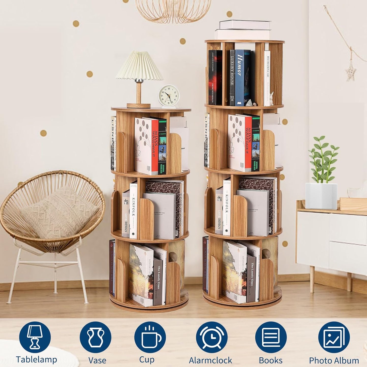 4 Tier Rotating Bookshelf, Compact Corner Bookcase for Small Spaces 360° Display Wood Spinning Storage Organizer for Bedroom, Living Room, and Kids' Rooms Wood