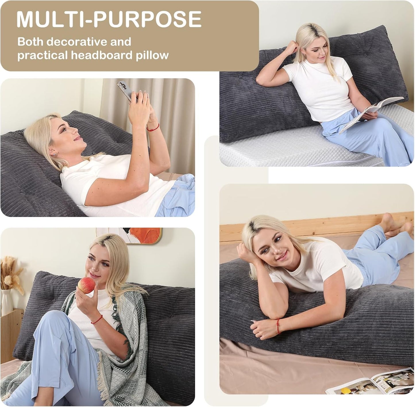 Headboard Pillow Queen, Wedge Headboard Pillow for Bed Sofa, Triangular Backrest Pillow with Removable Cover for Reading, Working, Sitting, Dark Grey