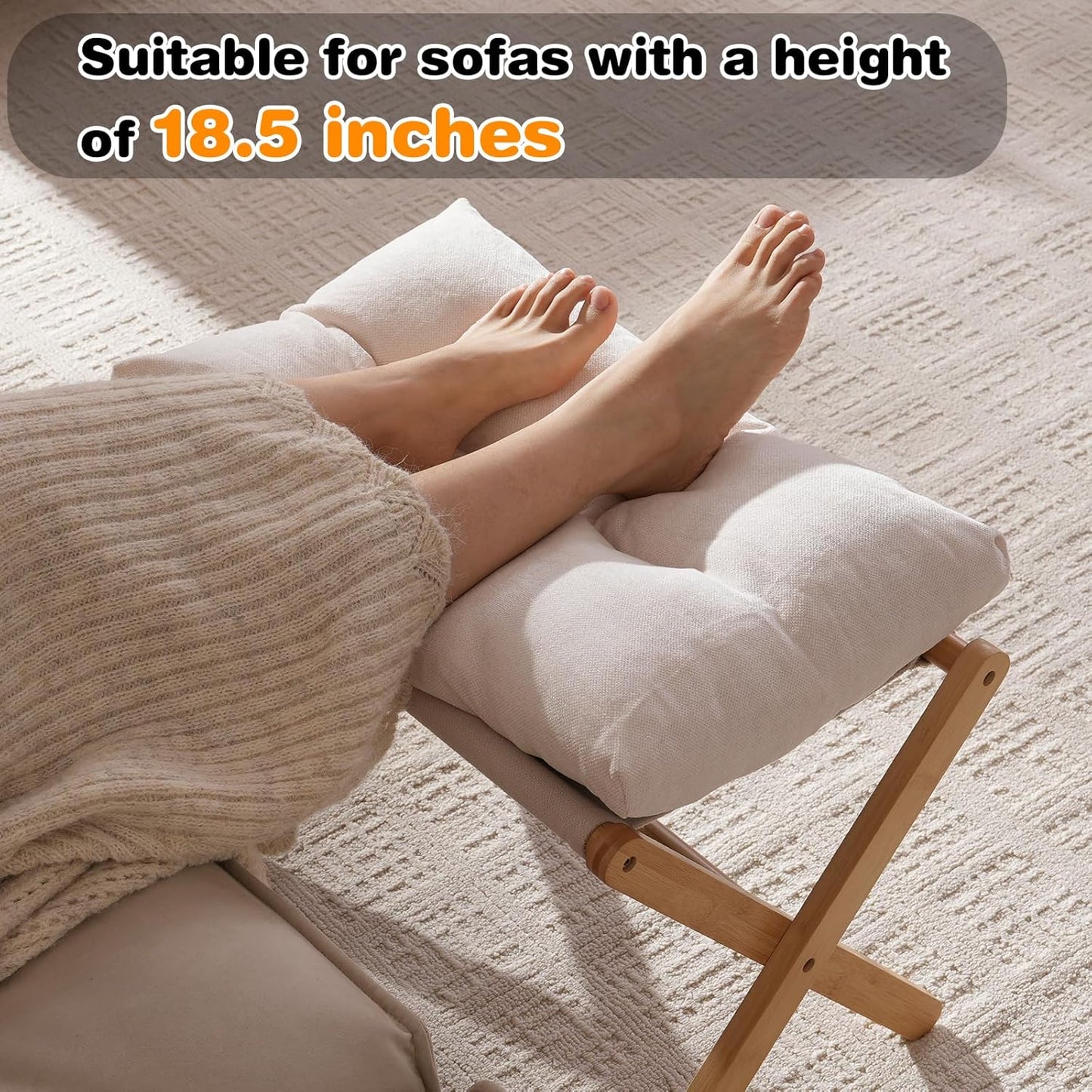 Ottoman Foot Rest- Bamboo Foldable Stool, Foot Stools Small Ottman with Upholstered & X Legs, Folding Stool for Makeup, Bedroom and Living Room (Large Beige)