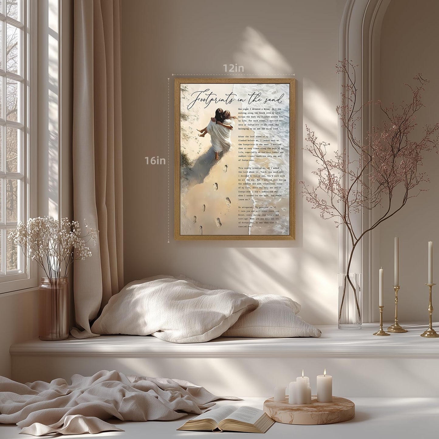 Clicyre Footprints in the Sand Christian Wall Art, Jesus Holding Child Canvas Print, Inspirational Bible Verse Poem Scripture Beach Artwork for Bedroom Prayer Room Church Wood Framed 16x24 Inch
