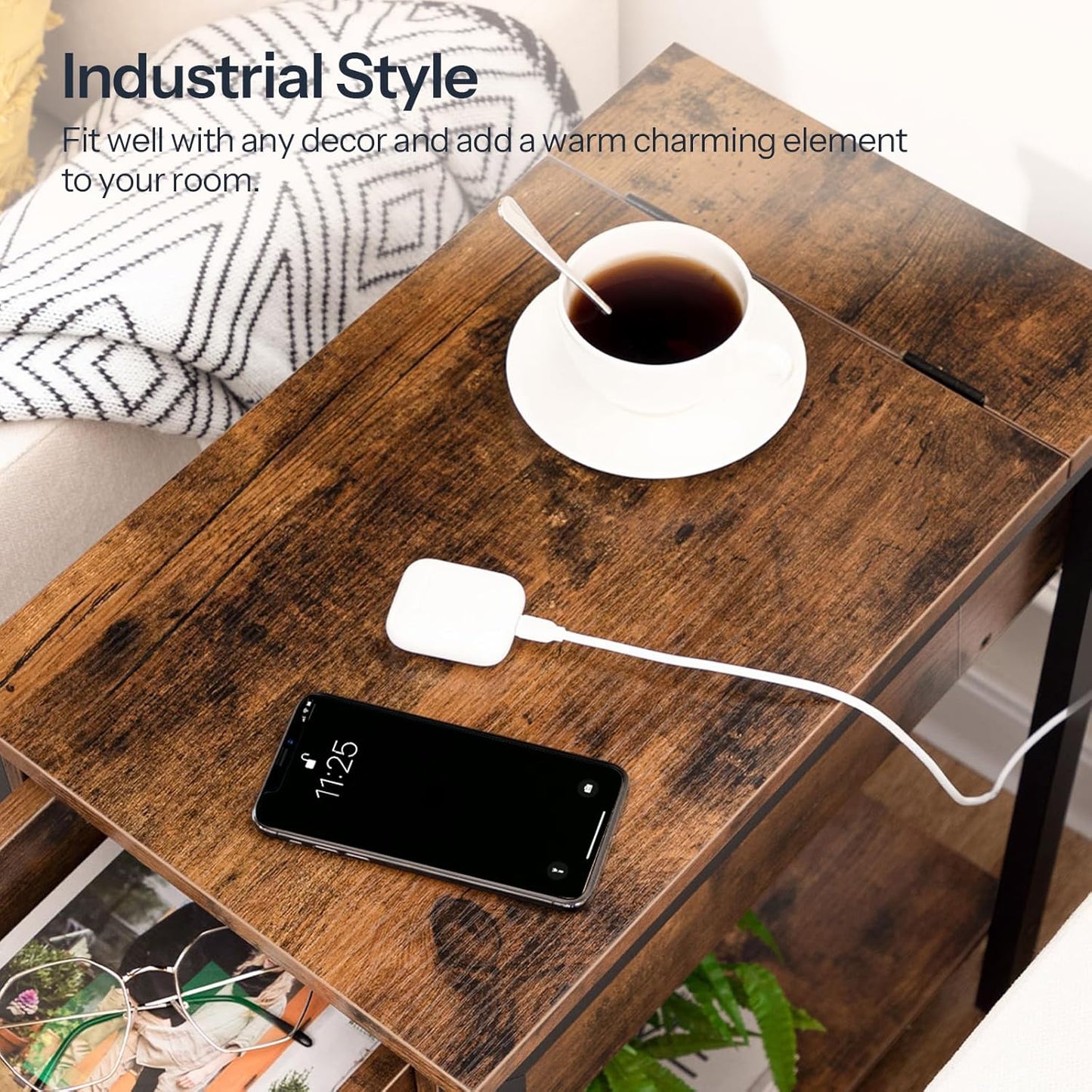 HOOBRO End Table with Charging Station, Narrow Side Table, Small Nightstand, Bedside Tables with Drawer and Storage Shelves, for Small Spaces, Living Room, Bedroom, Rustic Brown and Black BF041BZ01G1