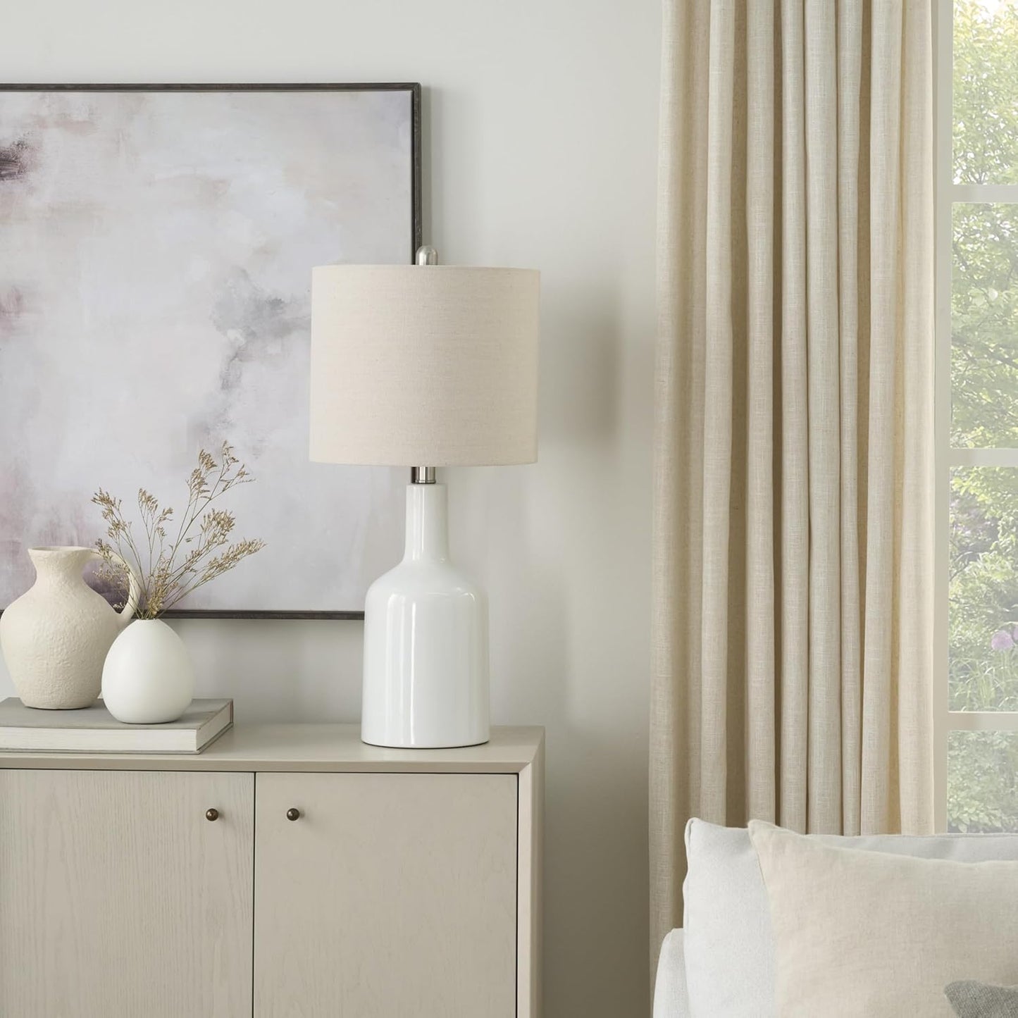 Nourison Home 22" Glossy White Ceramic Table Lamp for Modern, Transitional, Bedside Table, Living Room, Dining, Entryway
