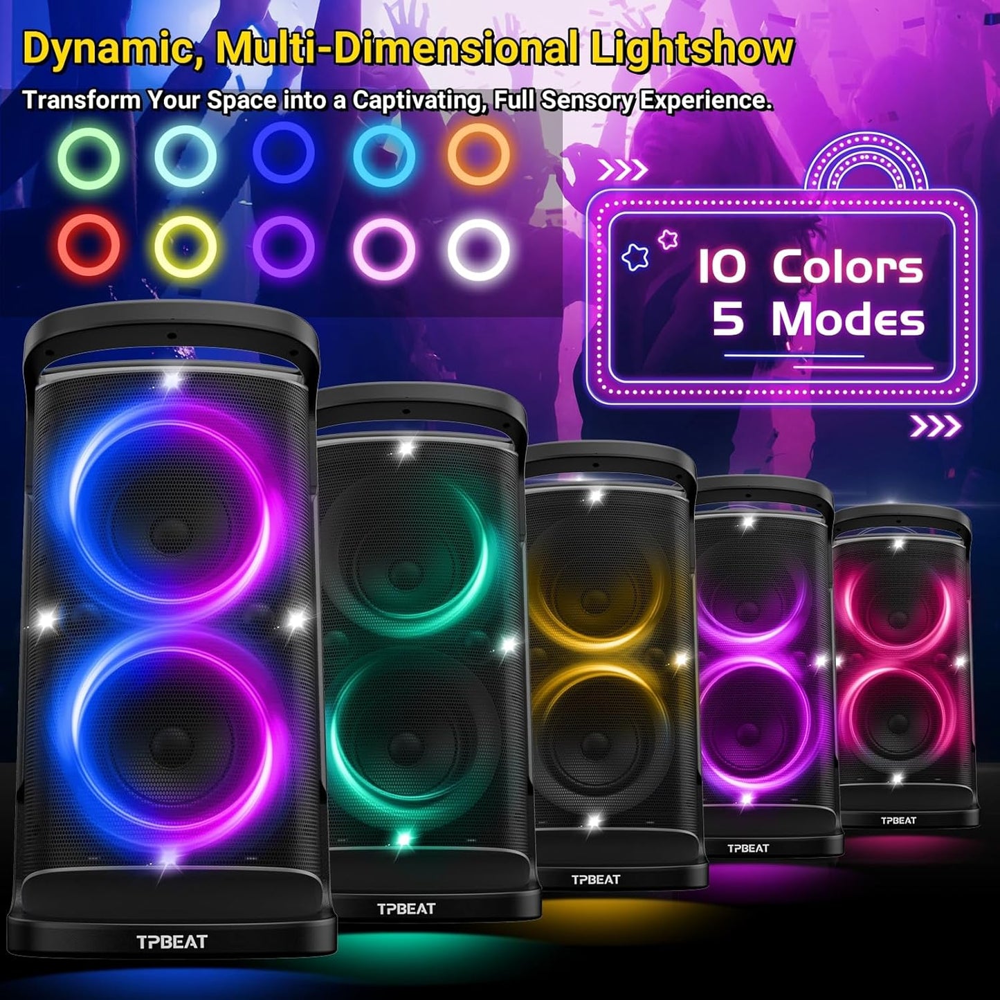 Portable Bluetooth Speaker: 160W Peak Powerful Loud Sound Deep Bass Wireless Boombox Large Subwoofer 15 Hours Battery Life Fast Charging with Led Light Show for Party Outdoor Camping Backyard