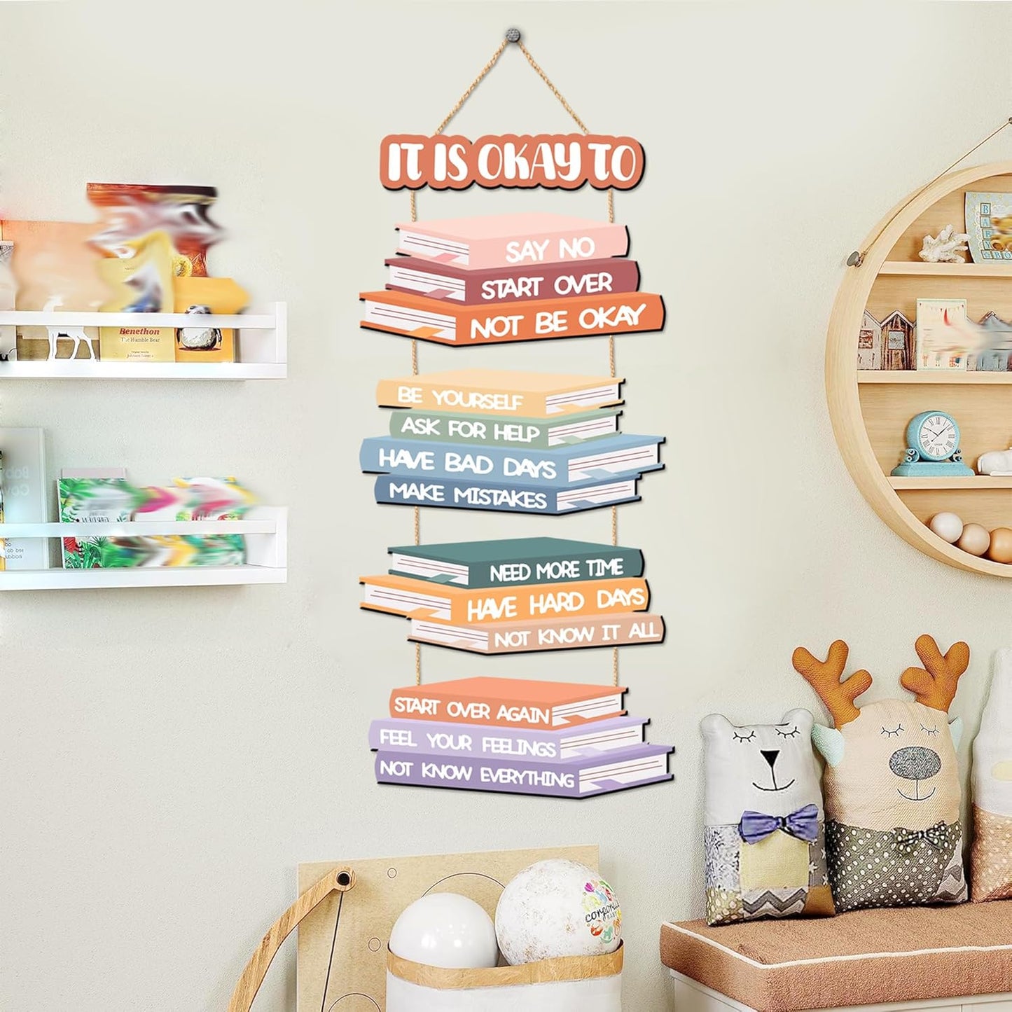 5 PCS Wooden Kids Inspirational Wall Art Sign It is Okay to Wall Decor for Boys Girls Bedroom Boho Nursery Hanging Plaque Motivational Quotes Signs Decor for Classroom Playroom Toddler Room Supplies