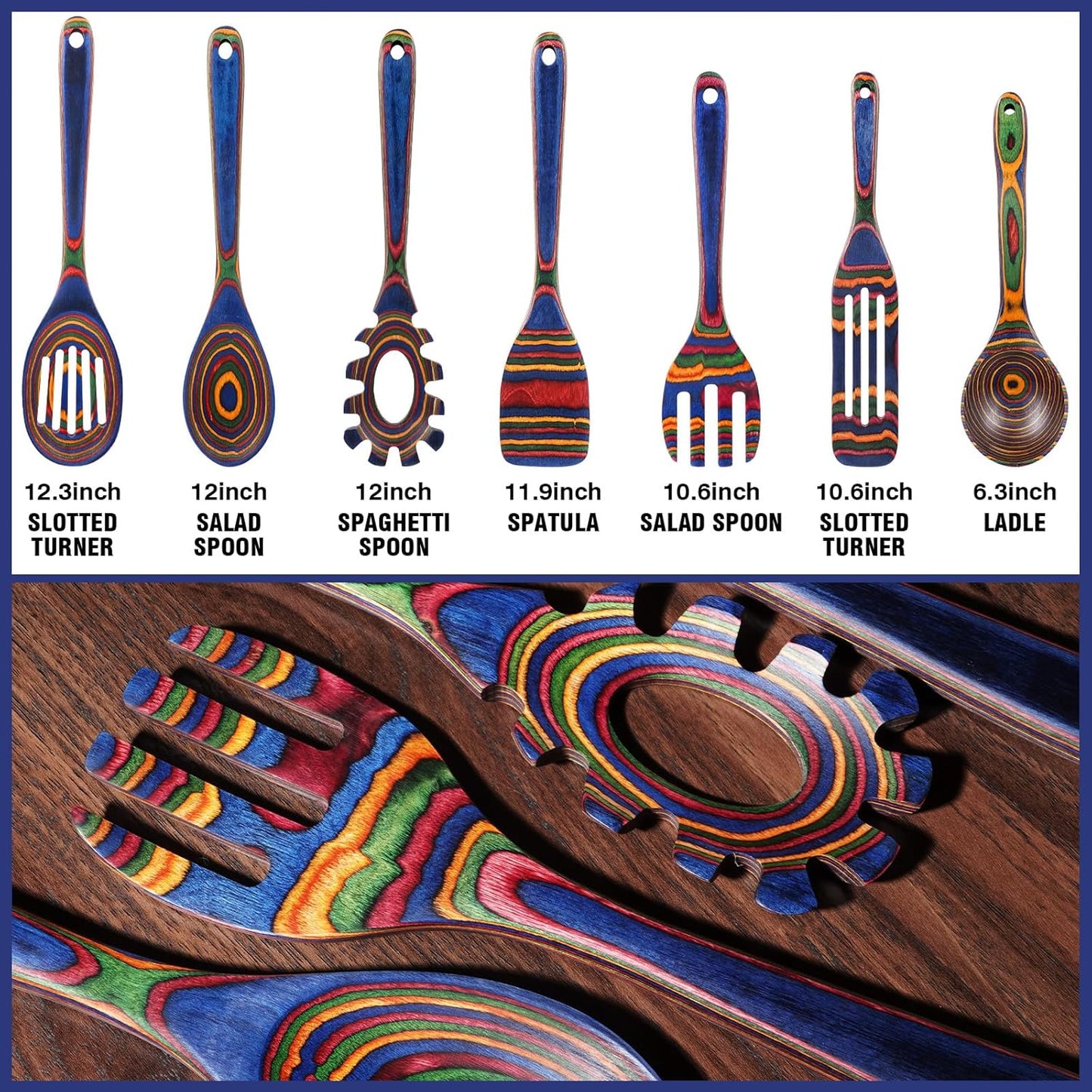 Wooden Spoons for Cooking – 7 Piece Pakkawood Kitchen Utensils Set with Spatulas, Spoons, Ladles, and Turner for Mixing, Serving & Cooking