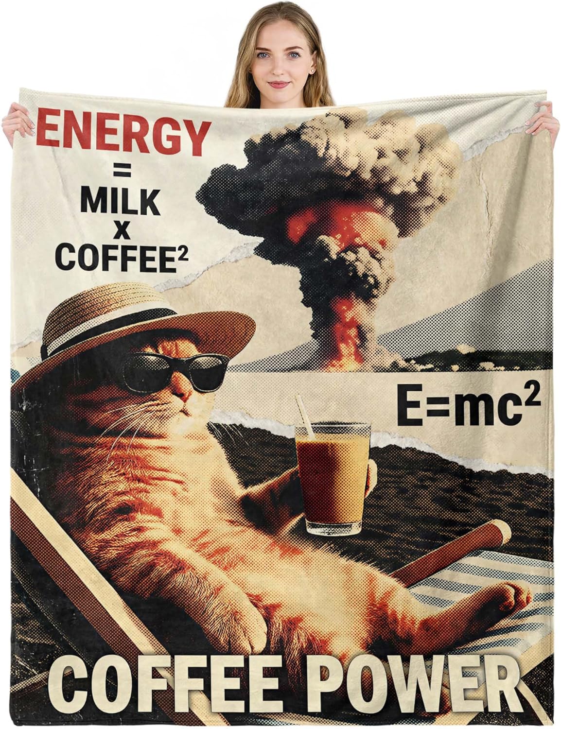 Lifeel Coffee Power Ginger Cat Throw Blanket, Funny Vintage Pop Quirky Caffeine Enthusiast Soft Cozy Flannel Blanket for Coffee Lovers Gife, 50×60 inch