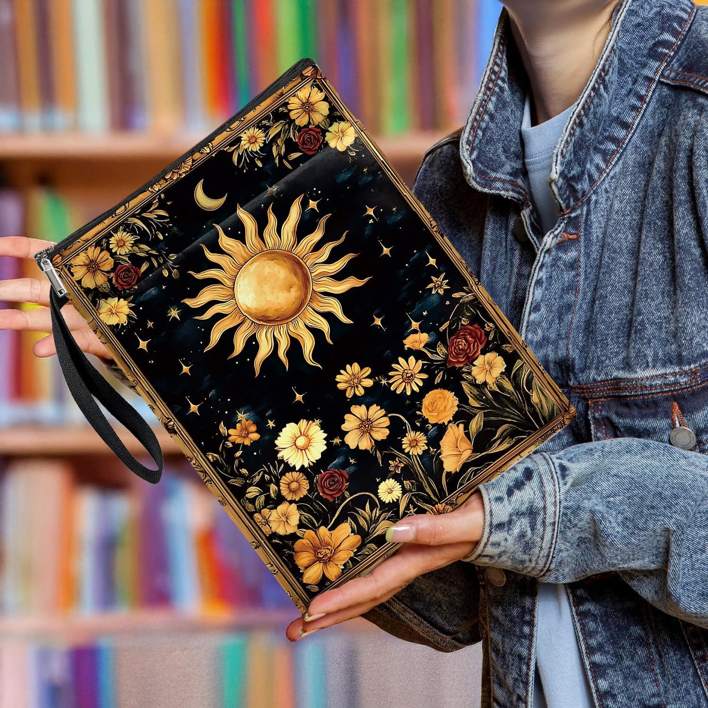 Mystic Sun and Moon Tarot Book Cover, Waterproof Book Sleeve with Zippered Front Pocket Retro Flowers Book Pouch for Book Lovers, Christmas, Birthday, Graduation Gifts (Flower&Moon, Large)