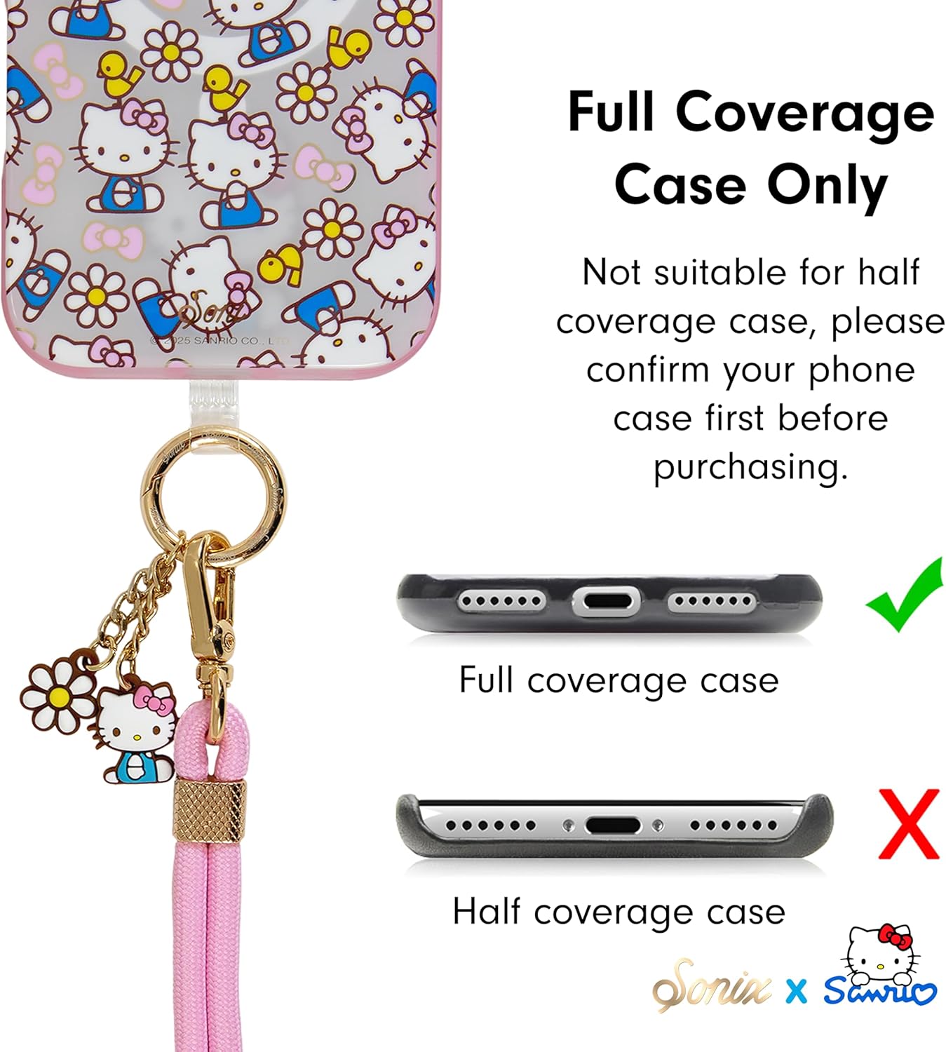 Sonix x Sanrio | Crossbody Phone Strap with Charms | Adjustable, Universal Cell Phone Rope Strap Lanyard | Pink Cord | Hello Kitty Pink Bows