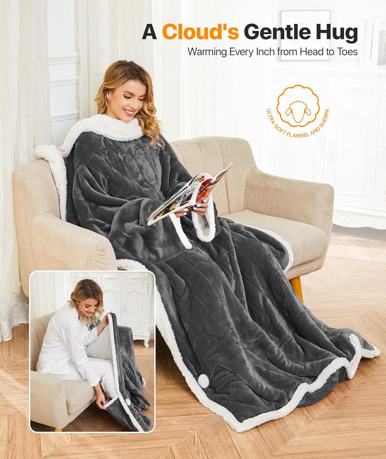 Electric Heated Blanket - Wearable Heated Blanket Throw with Foot Pockets, Sleeves Flannel & Sherpa Wearable Blanket 8 Heating Levels & Timer Snuggle Blankets for Home Office -50*60" Robes for Women