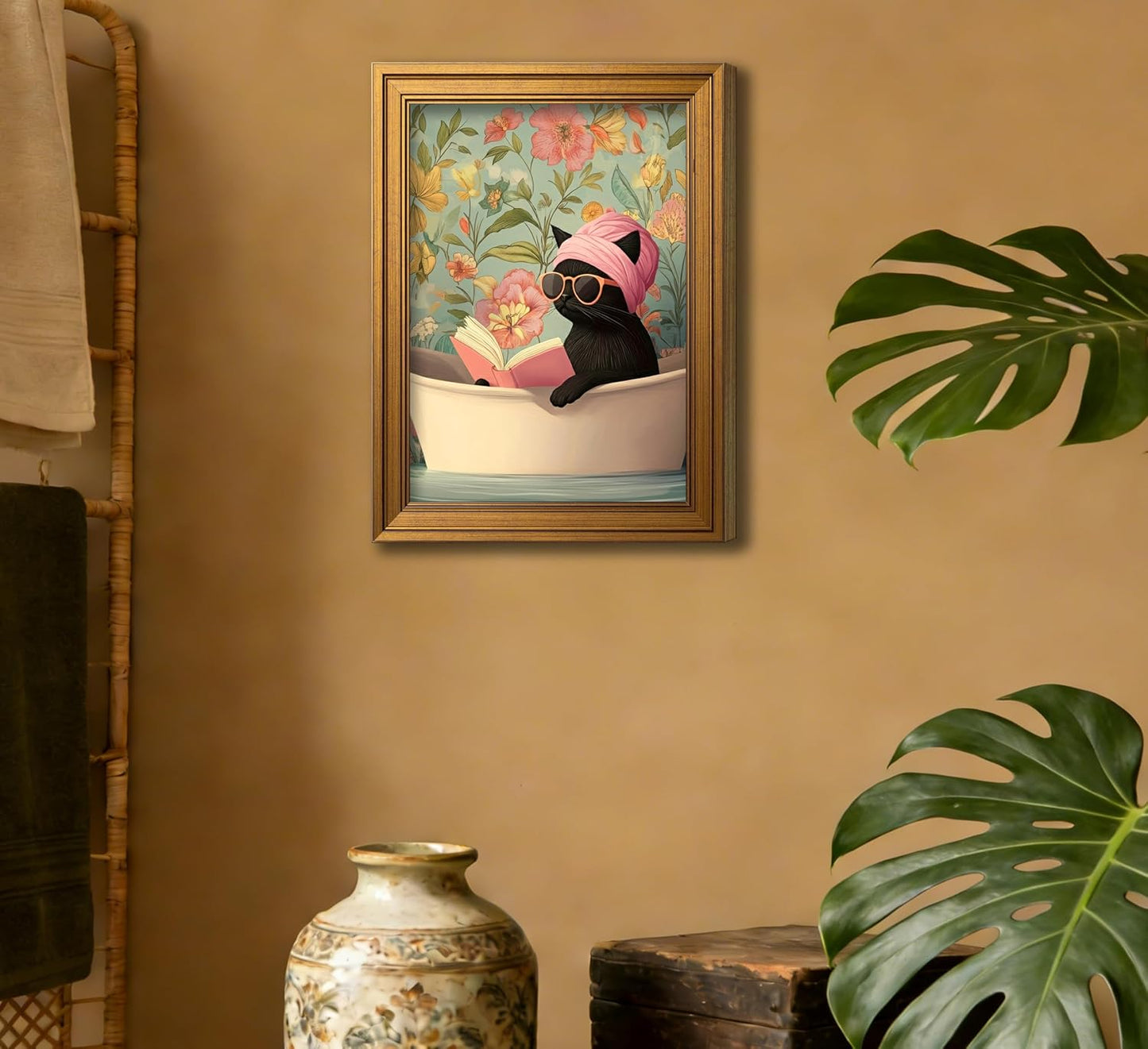 AkmttkDs Vintage Floral Black Cat Bathroom Wall Art, Funny Cat in Bathtub Poster, Retro Boho Flower Botanical Print, Humorous Pet Lover Gift, Unframed 12x16 Inch Canvas Wall Decor for Restroom