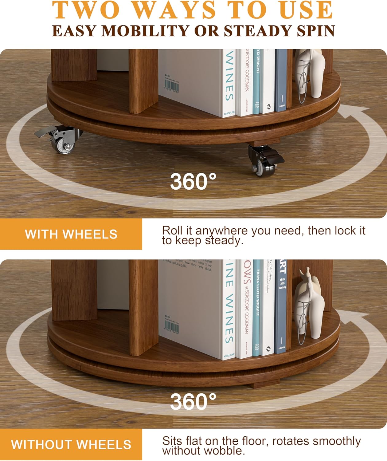 Rotating Bookshelf, 6-Tier Solid Wood Revolving Bookcase on Wheels, 360° Spinning Bookshelf Tower with Lockable Casters, Tall Round Book Tower for Home Office, Living Room, Bedroom, Walnut