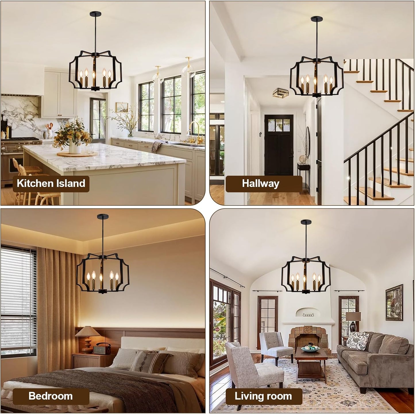 Dining Room Chandeliers, Black&Gold Geometric Modern Farmhouse Chandelier, 5-Light Adjustable Hanging Industrial Metal Pendant Light Fixtures for Kitchen Island Bedroom Stairway Foyer Hallway
