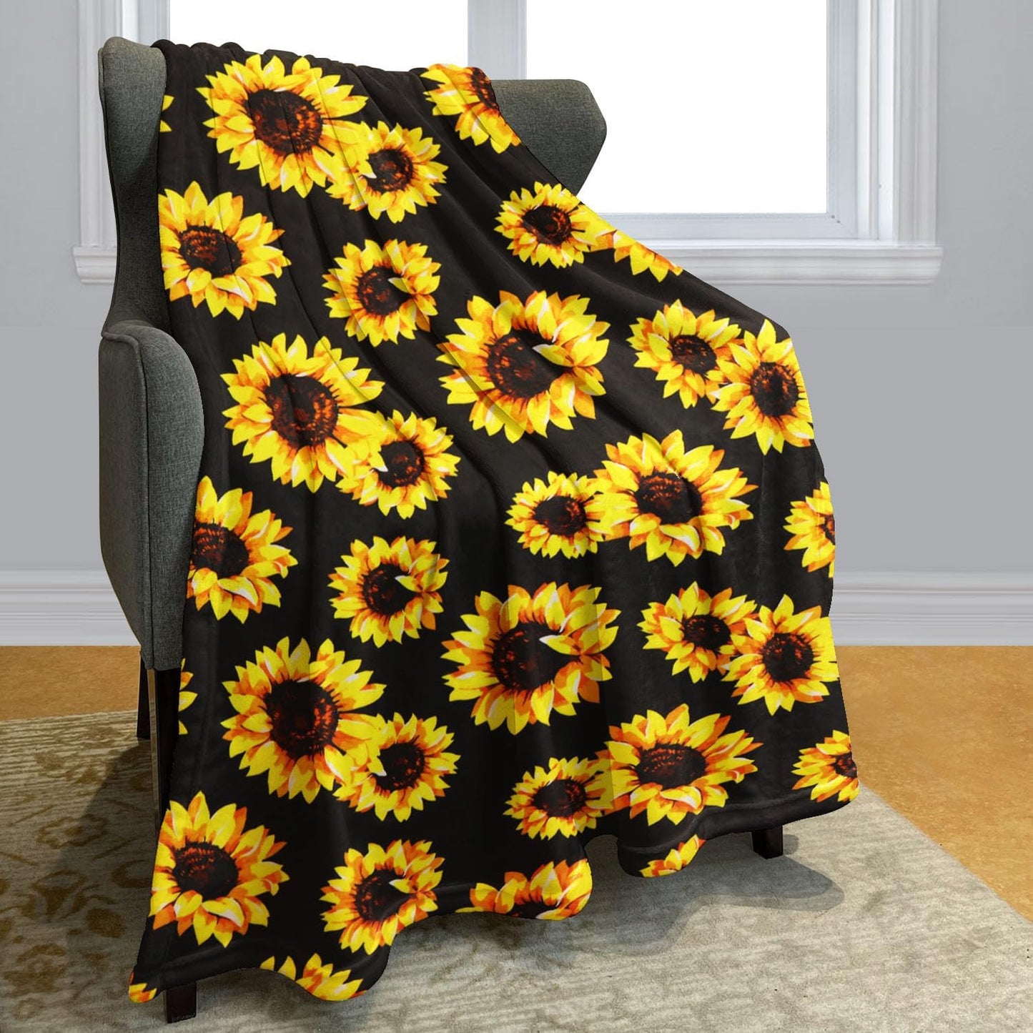 HommomH Sunflower Blanket, 60"x80" Double Sided Print Soft Warm Reversible Throw Blanket for Women Girls Birthday, Black