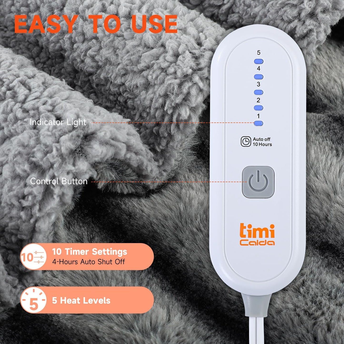 Heated Blanket Electric King- 100"x90" Soft Thick Faux Fur Electric Blanket for Sofa with 5 Heat Levels & 10 Hours Auto-Off Overheat Protection, Warm Cozy Gifts, Grey