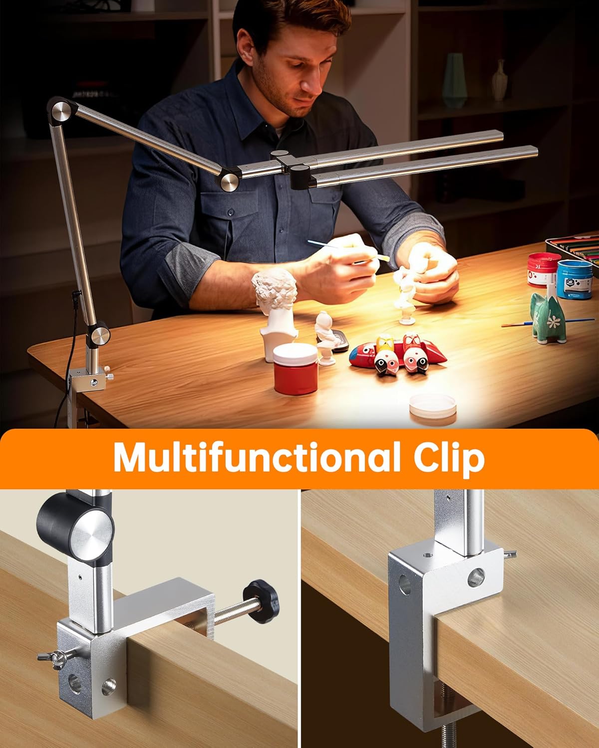 Led Desk Lamp with Clamp, Eye-Care Architect Desk Lamp for Home Office with Remote, 24W Ultra Bright Double Head Aluminum Computer Monitor Light for Reading Study Drafting, 25 Lighiting Modes