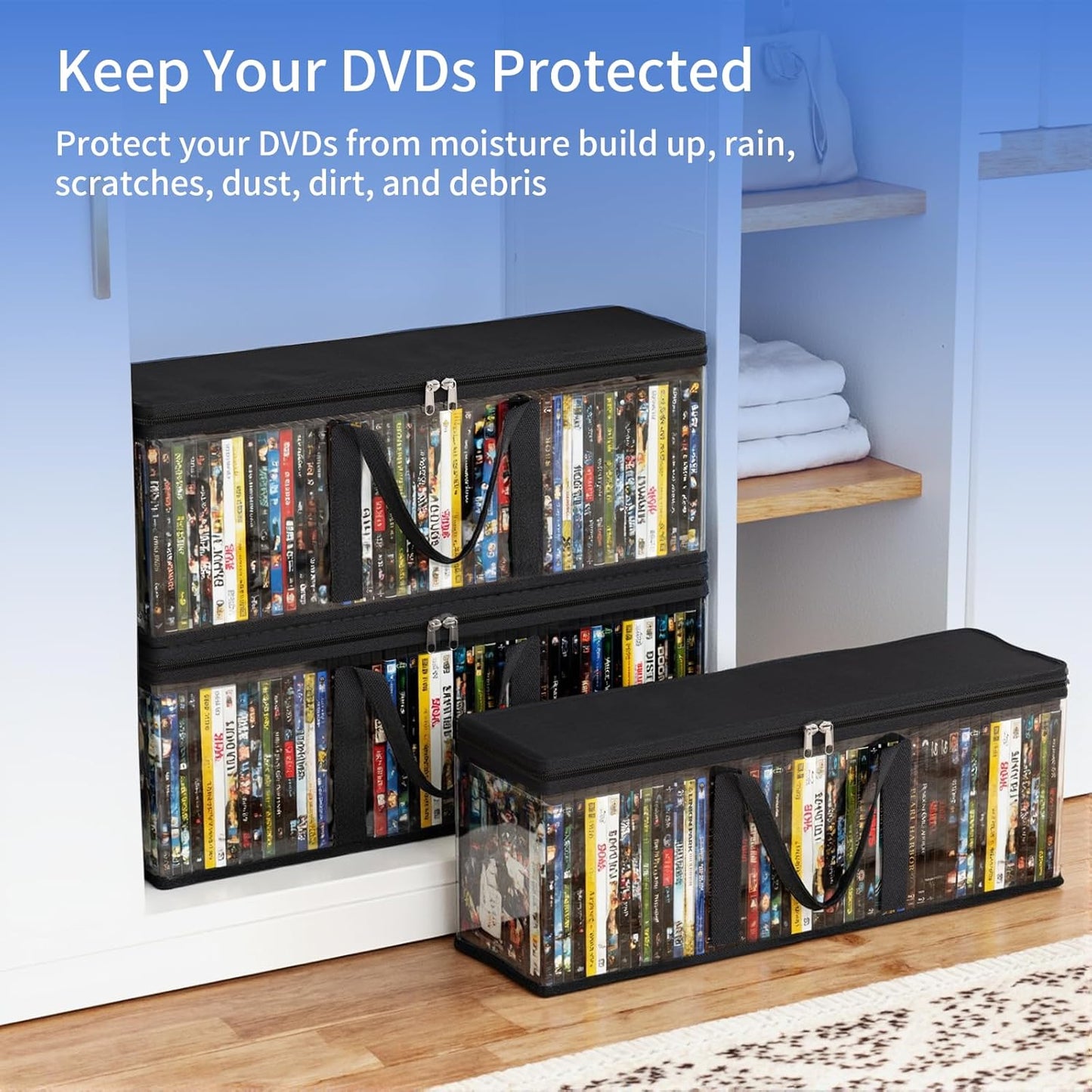DVD Storage Bags, Media Organizer Bags for DVDs, CDs, Blu Ray Disc, Movie Cases, VHS Box, Video Game Disks, Albums, Books, Clear Plastic Holders with Carrying Handles (Black, 4Pack)