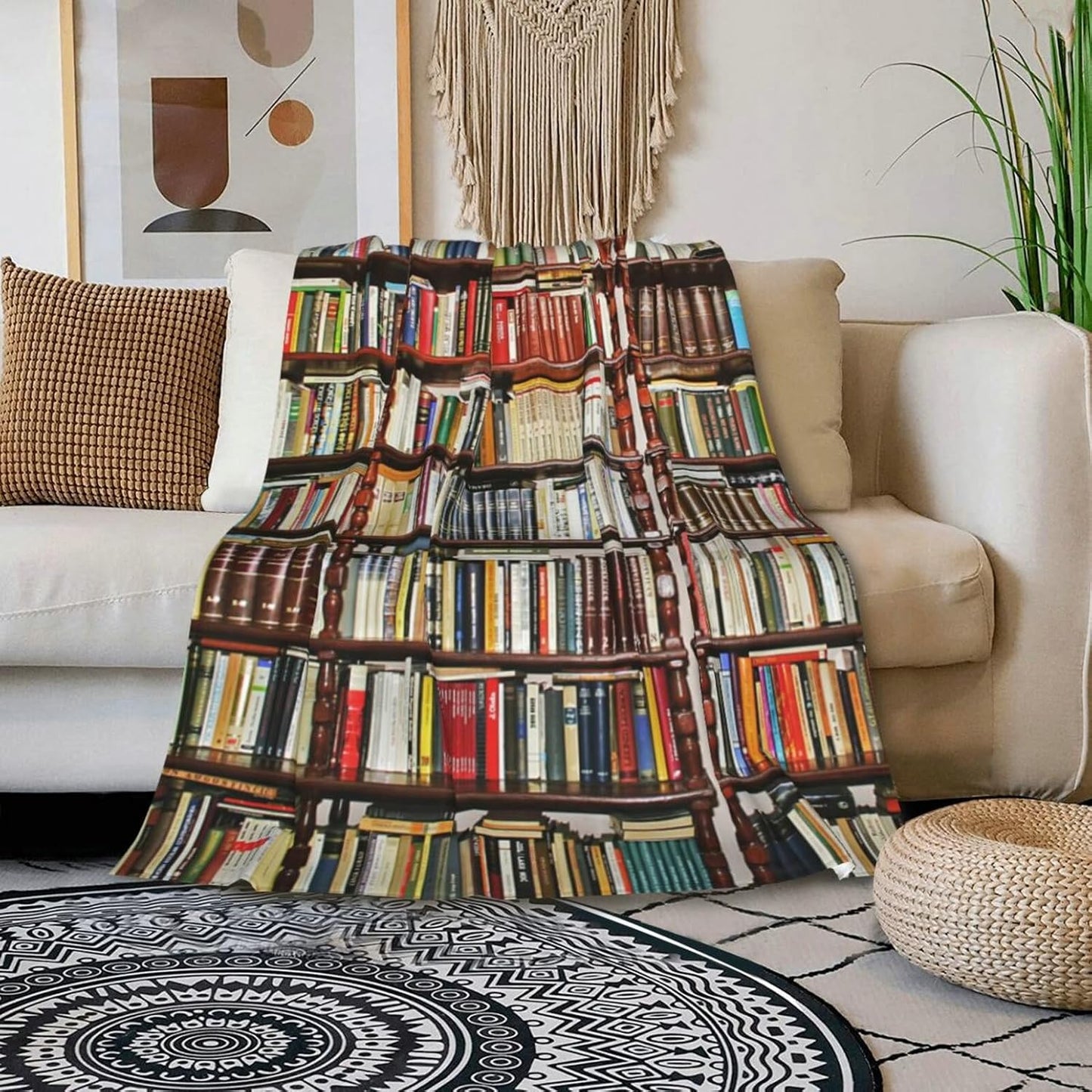 HGOD DESIGNS Library Bookshelf Fleece Throw Blanket Ultra Soft Cozy Blooming Decorative Flannel Blanket All Season for Home Couch Bed Chair Travel 50x60in