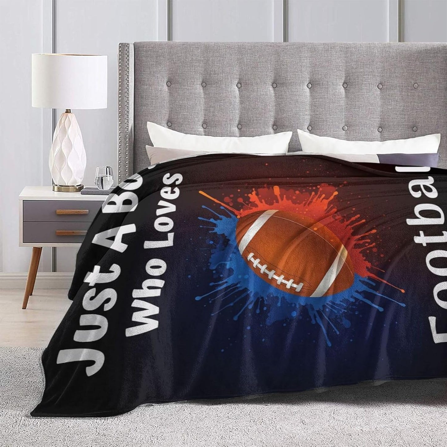 Just A Boy Who Loves Football Blanket Funny American Football Throw Blankets for Boys Kids Soft Warm Sports Ball Throws Flannel Fleece Plush Gifts for Teen Men for Bed Sofa Bedding Decor 50"x40"