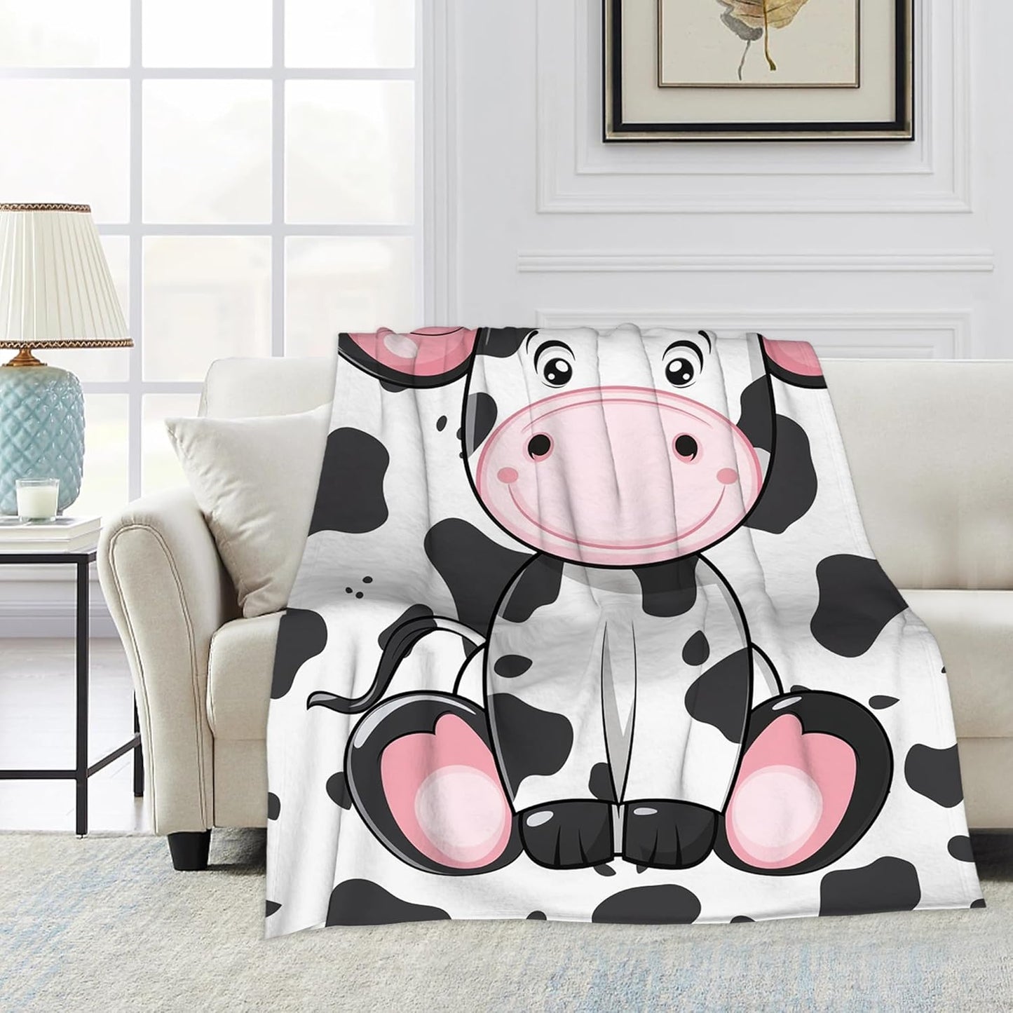 Cute Cow Throw Blanket, Cartoon Blanket Throw for Adults, Lightweight Soft Cozy Blanket for Couch Sofa Bed Room Decor 50x60 Inches