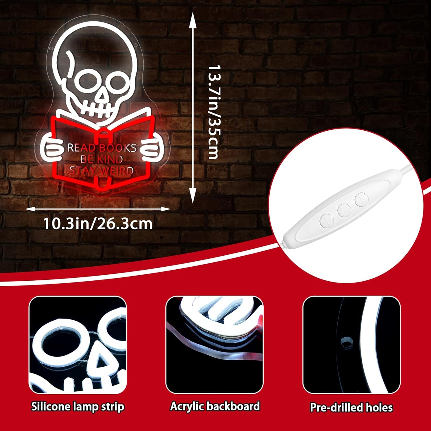Read Books Be Kind Stay Weird Neon Sign for Wall Decor Dimmable Skull Read Books Neon Light for Bedroom Classroom Study Room Reading Room Bookstore Decor Birthday Gifts Size 13.7 * 10.3In(TWP237)